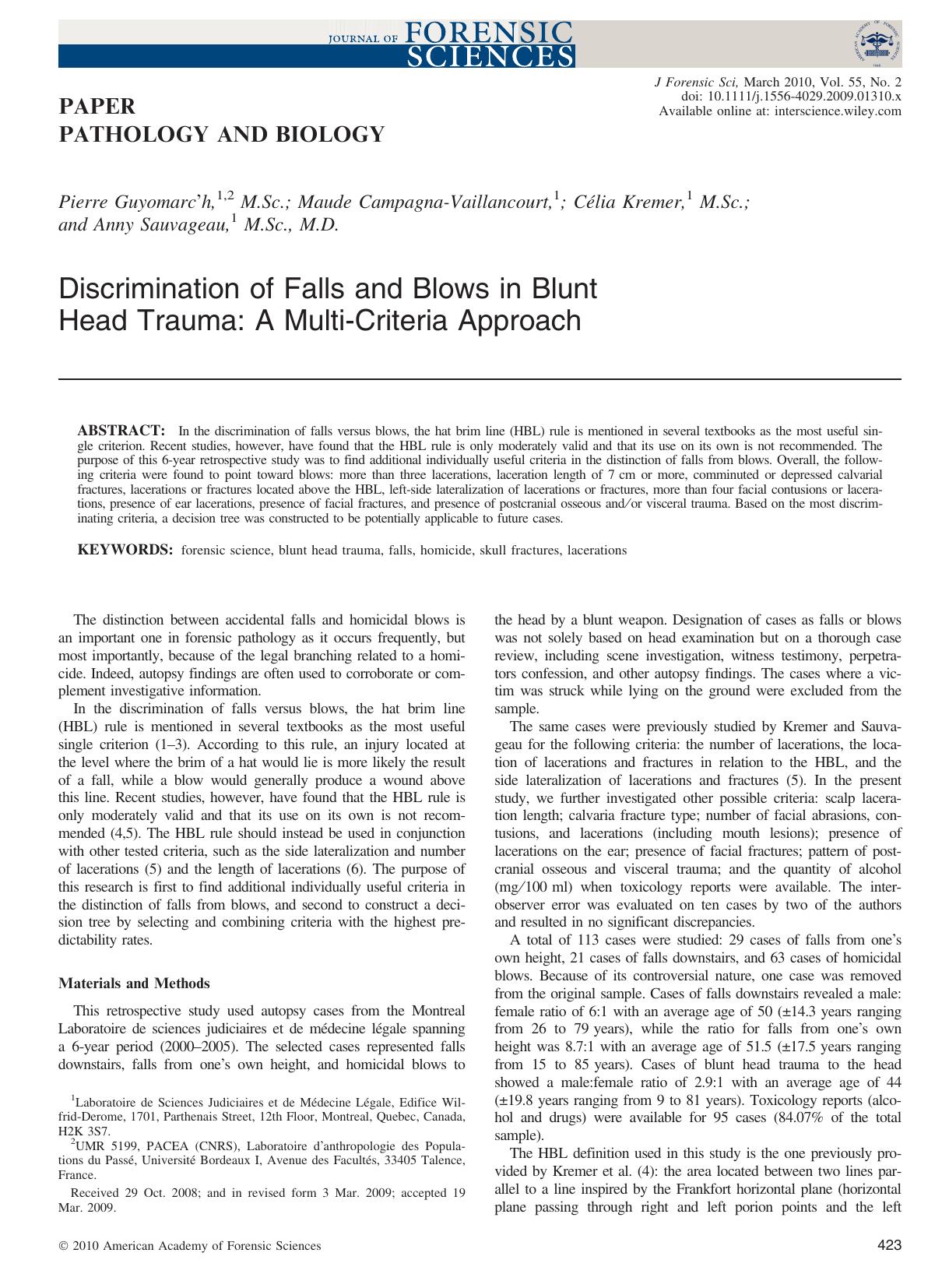 Discrimination of Falls and Blows in Blunt Head Trauma: A Multi?Criteria Approach by Unknown