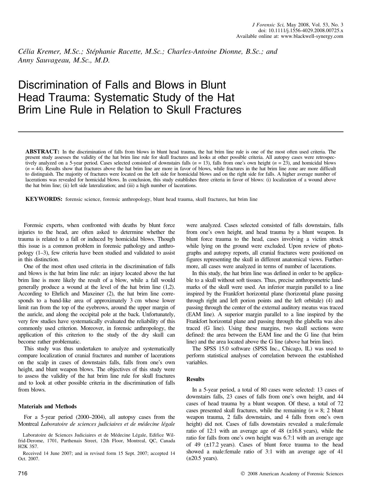 Discrimination of Falls and Blows in Blunt Head Trauma: Systematic Study of the Hat Brim Line Rule in Relation to Skull Fractures by Unknown