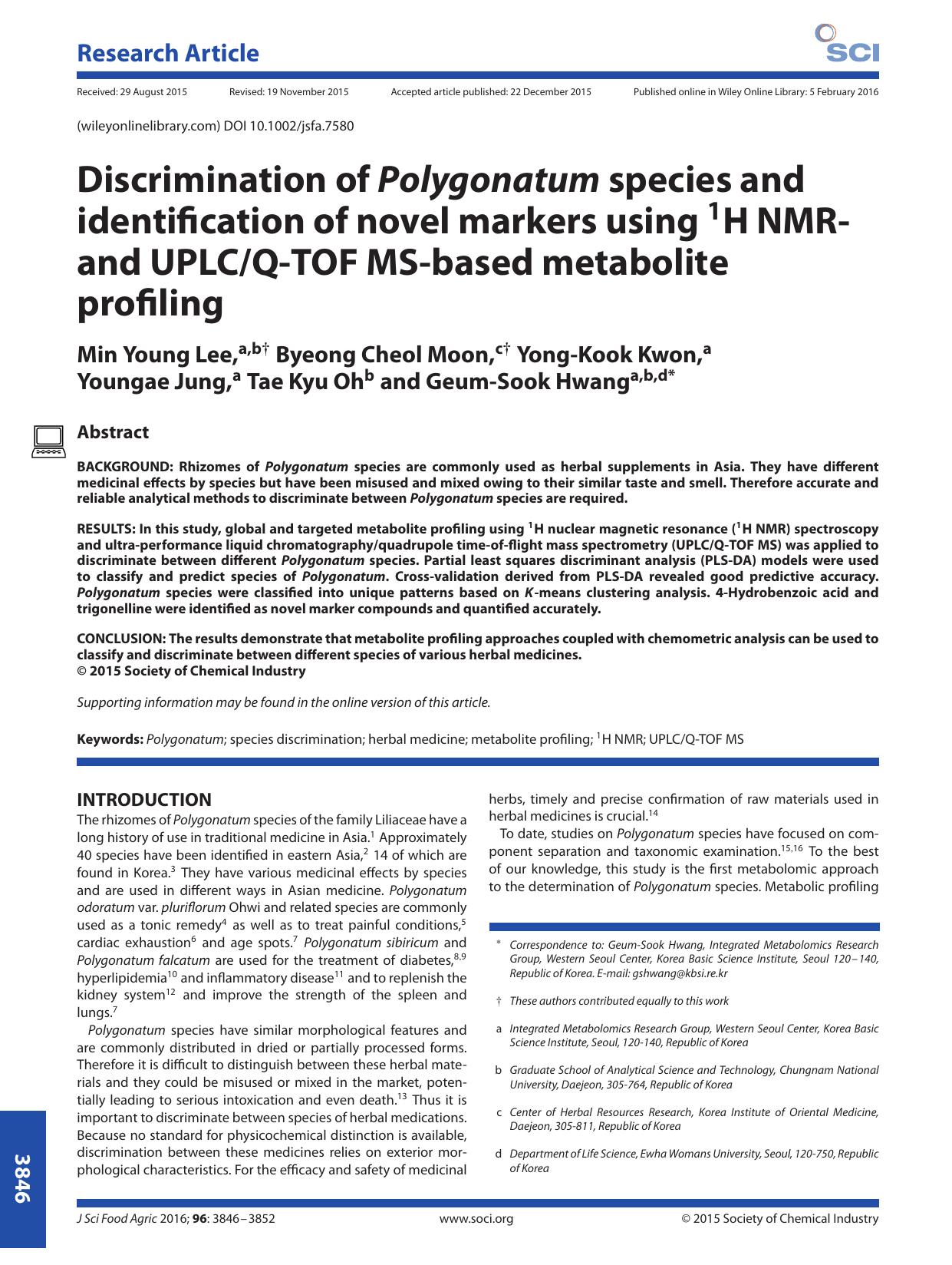 Discrimination of Polygonatum species and identification of novel markers using 1H NMR- and UPLCQ-TOF MS-based metabolite profiling by Unknown
