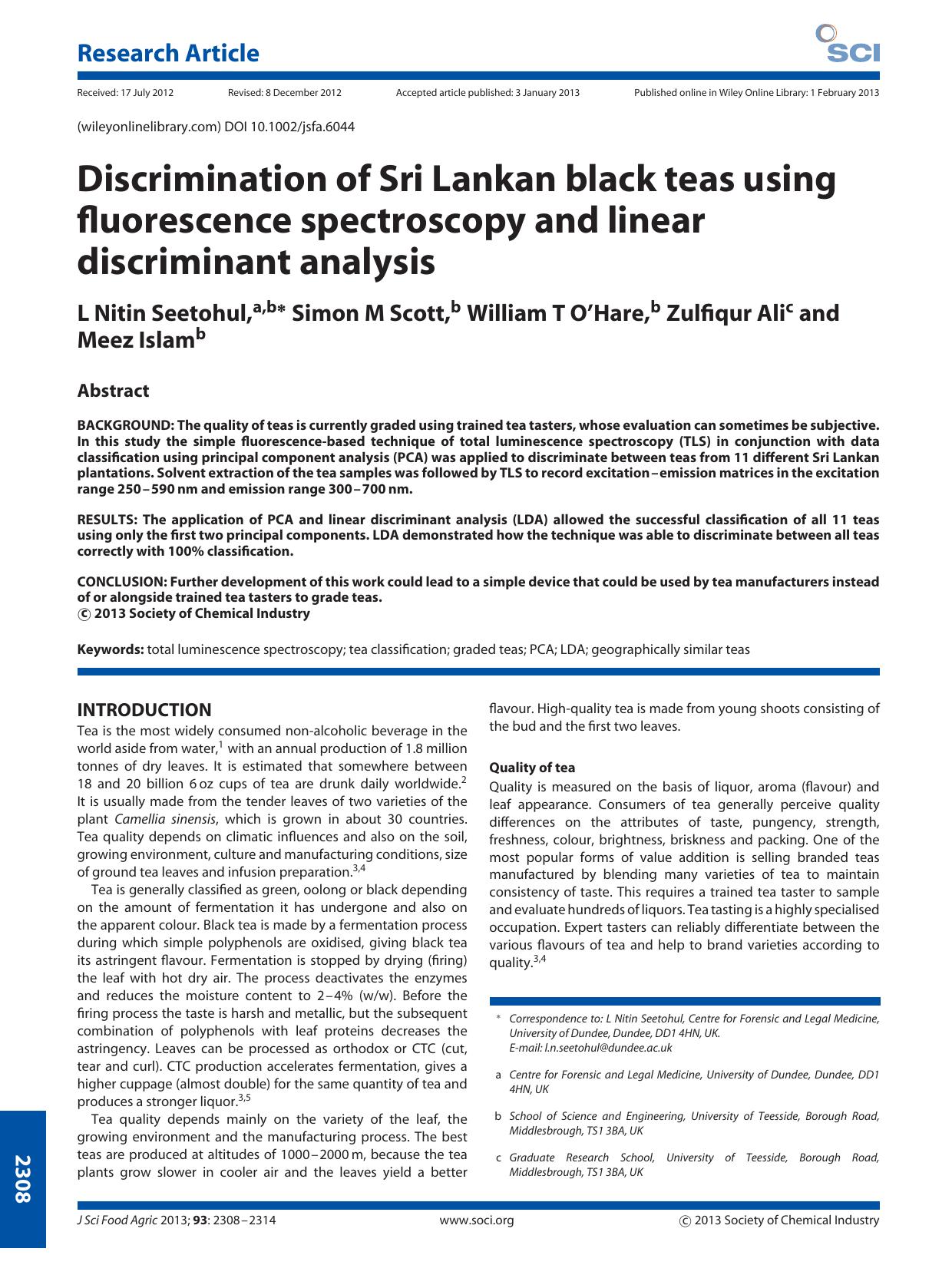 Discrimination of Sri Lankan black teas using fluorescence spectroscopy and linear discriminant analysis by Unknown