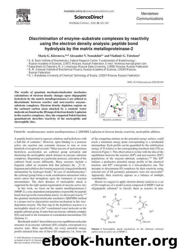 Discrimination of enzymeâsubstrate complexes by reactivity using the electron density analysis: peptide bond hydrolysis by the matrix metalloproteinase-2 by Maria G. Khrenova & Alexander V. Nemukhin & Vladimir G. Tsirelson