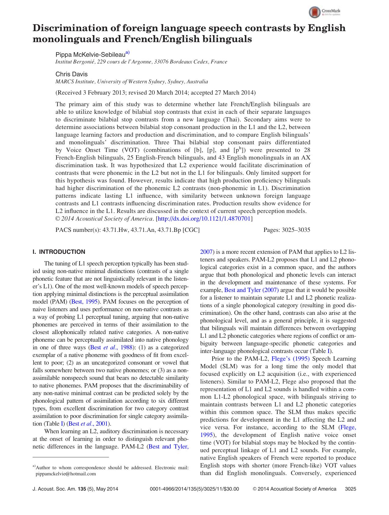 Discrimination of foreign language speech contrasts by English monolinguals and FrenchEnglish bilinguals by Pippa McKelvie-Sebileau & Chris Davis