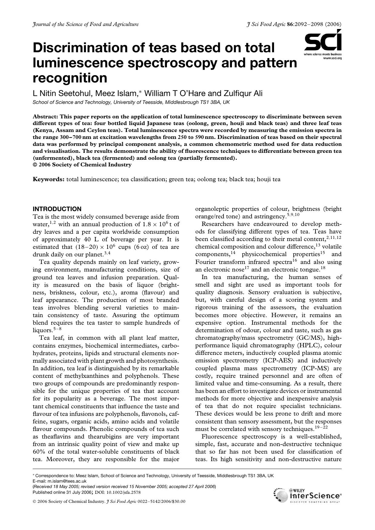 Discrimination of teas based on total luminescence spectroscopy and pattern recognition by Unknown