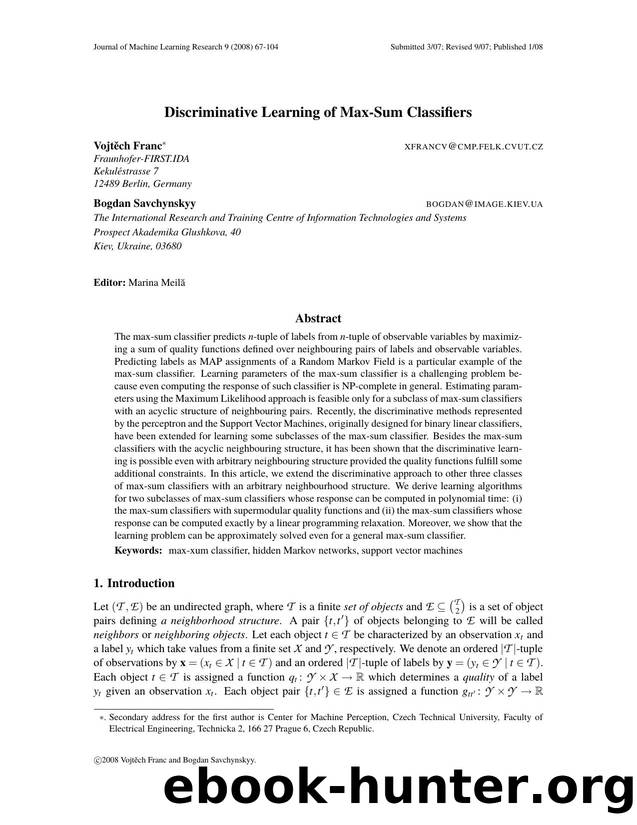 Discriminative Learning of Max-Sum Classifiers by Unknown