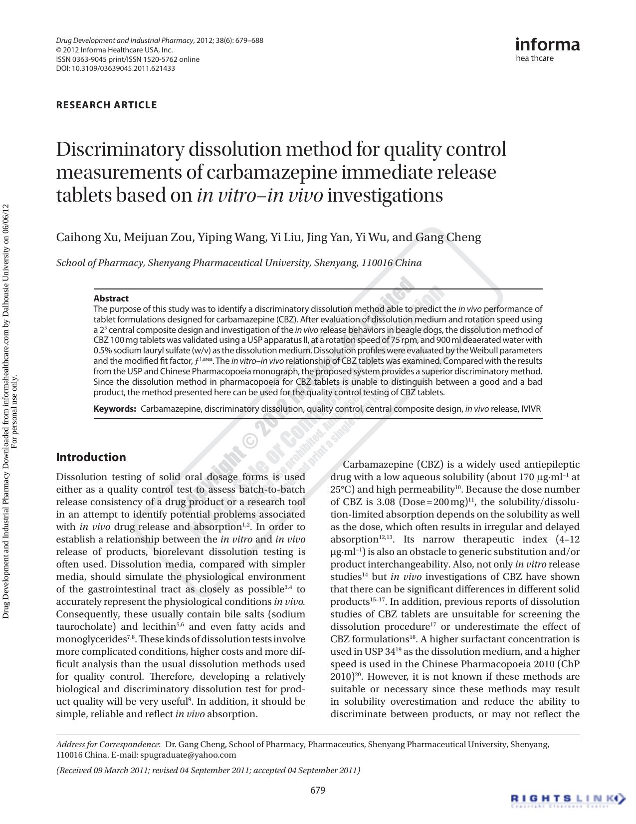 Discriminatory dissolution method for quality control measurements of carbamazepine immediate release tablets based on in vitroâin vivo investigations by Caihong Xu Meijuan Zou Yiping Wang Yi Liu Jing Yan Yi Wu & Gang Cheng