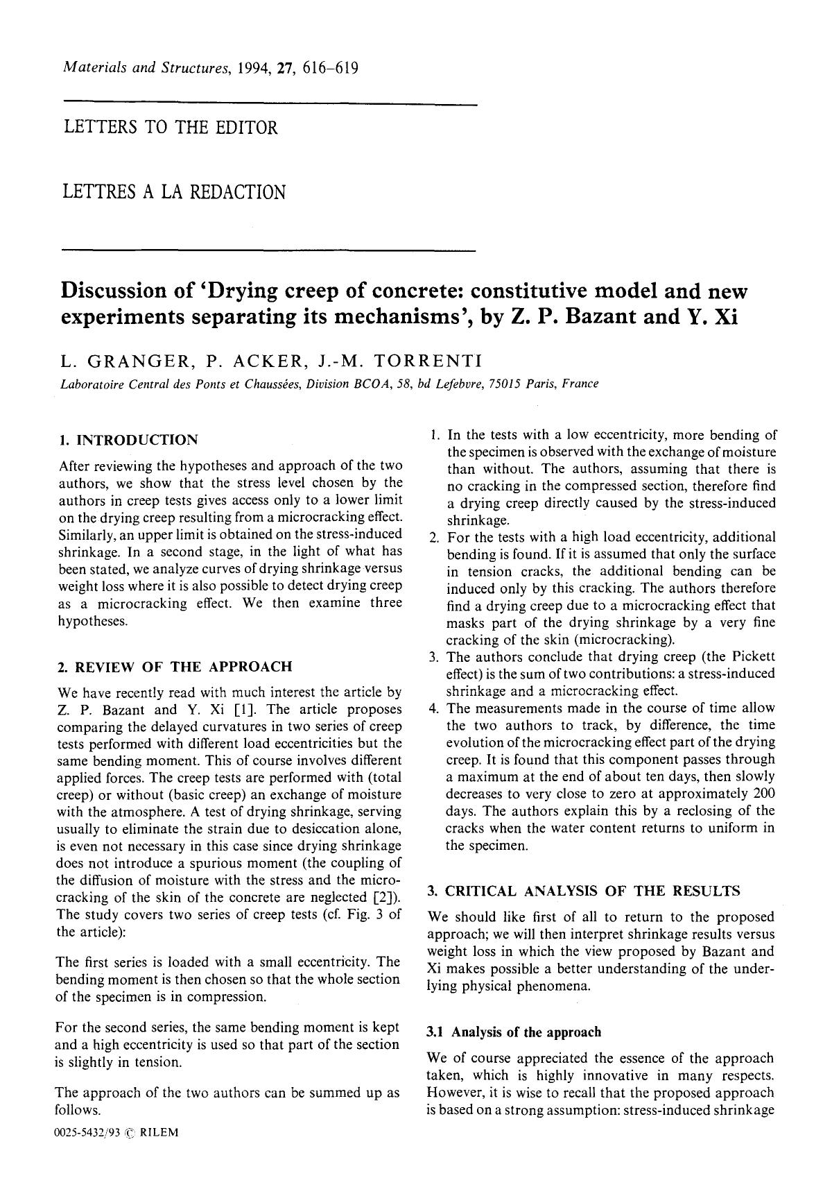 Discussion of ‘Drying creep of concrete: constitutive model and new experiments separating its mechanisms’, by Z. P. Bazant and Y. Xi by Unknown