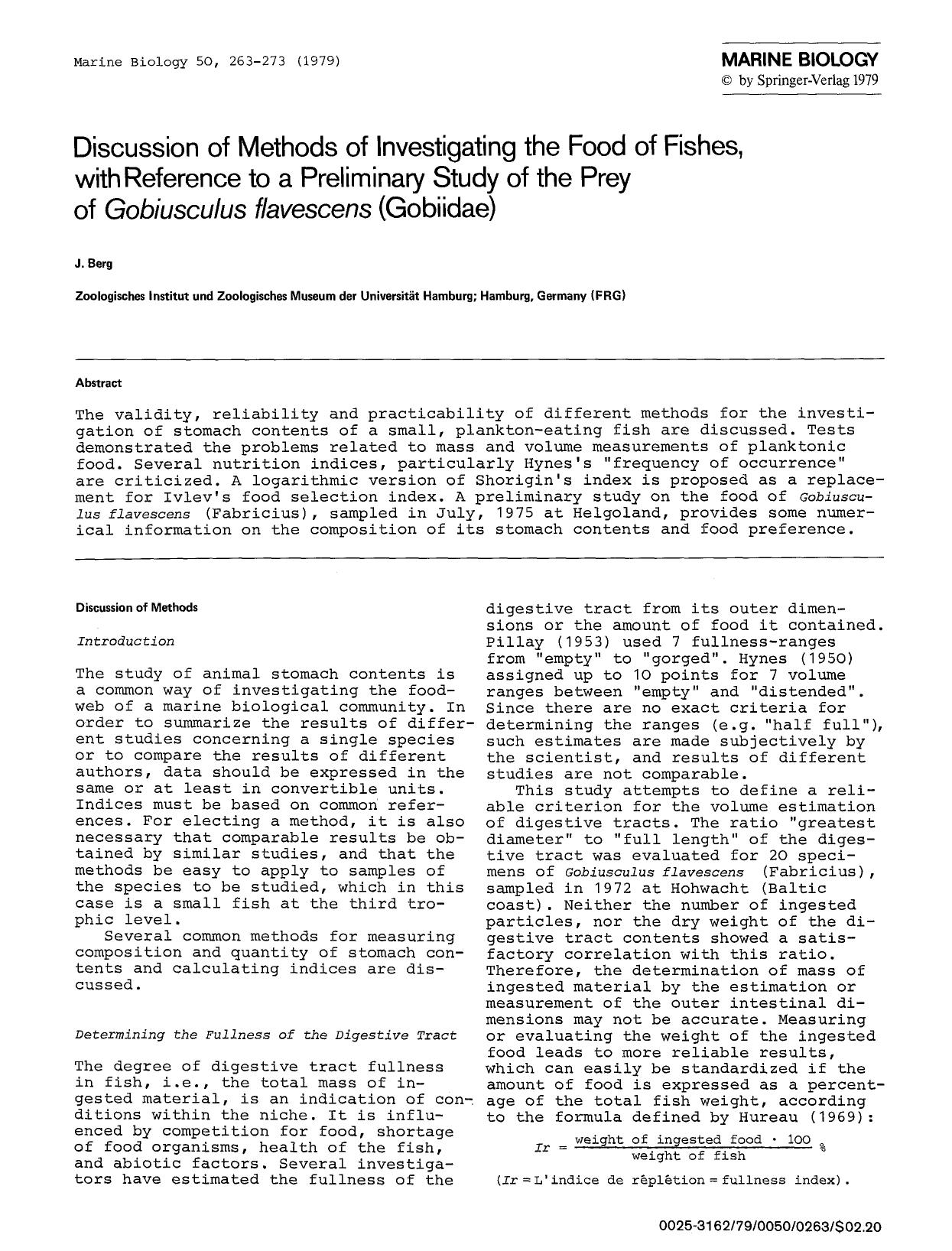 Discussion of methods of investigating the food of fishes, with reference to a preliminary study of the prey of <Emphasis Type="Italic">Gobiusculus flavescens<Emphasis> (Gobiidae) by Unknown