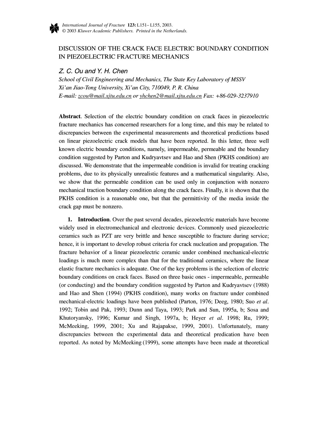 Discussion of the Crack Face Electric Boundary Condition in Piezoelectric Fracture Mechanics by Unknown