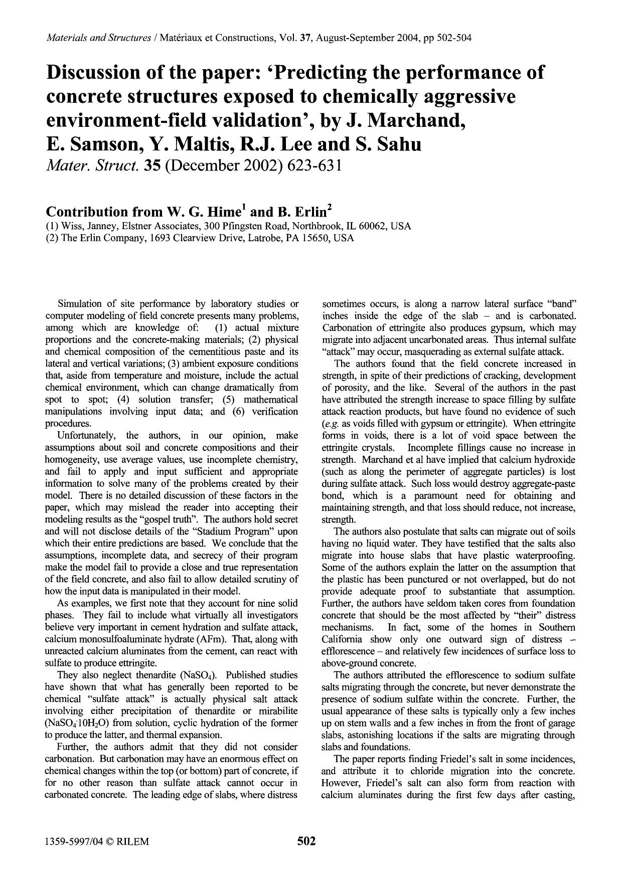Discussion of the paper: ‘Predicting the performance of concrete structures exposed to chemically aggressive environment-field validation’, by J. Marchand, E. Samson, by Unknown