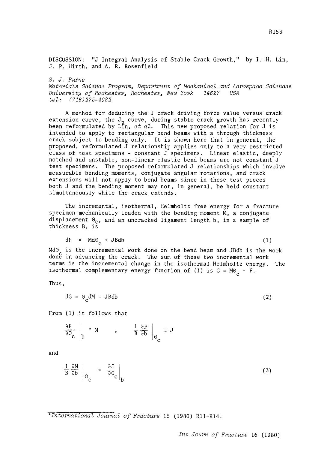 Discussion: “J integral analysis of stable crack growth,” by I.-H. Lin, J. P. Hirth, and A. R. Rosenfield by Unknown