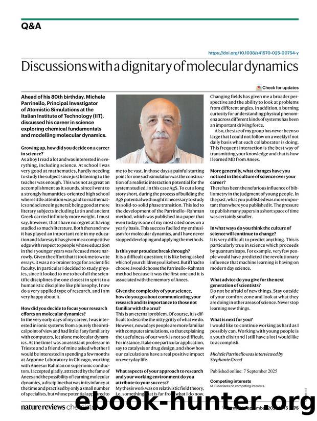 Discussions with a dignitary of molecular dynamics by Michele Parrinello & Stephanie Greed