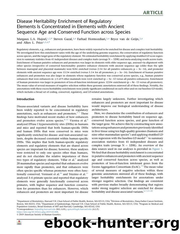Disease Heritability Enrichment of Regulatory Elements Is Concentrated in Elements with Ancient Sequence Age and Conserved Function across Species by Margaux L.A. Hujoel & Steven Gazal & Farhad Hormozdiari & Bryce van de Geijn & Alkes L. Price