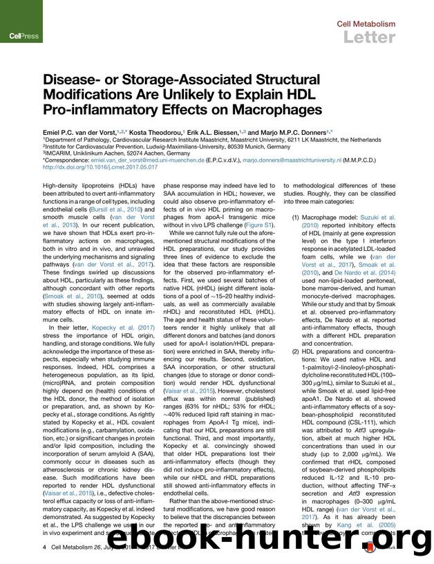 Disease- or Storage-Associated Structural Modifications Are Unlikely to Explain HDL Pro-inflammatory Effects on Macrophages by Emiel P.C. van der Vorst & Kosta Theodorou & Erik A.L. Biessen & Marjo M.P.C. Donners