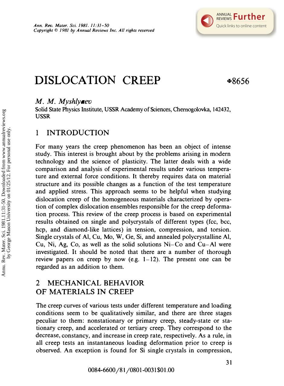 Dislocation Creep by M M Myshlyaev