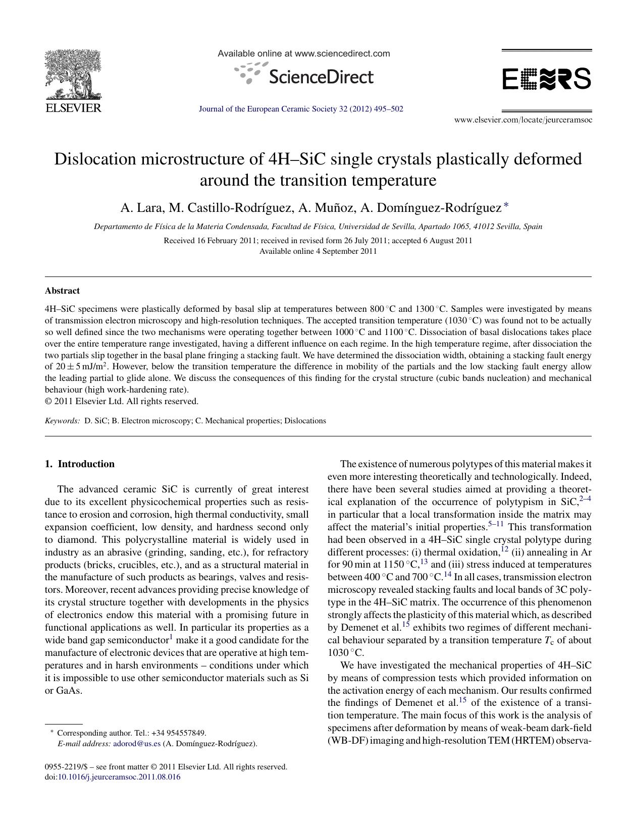 Dislocation microstructure of 4HÃ¢â¬âSiC single crystals plastically deformed around the transition temperature by A. Lara