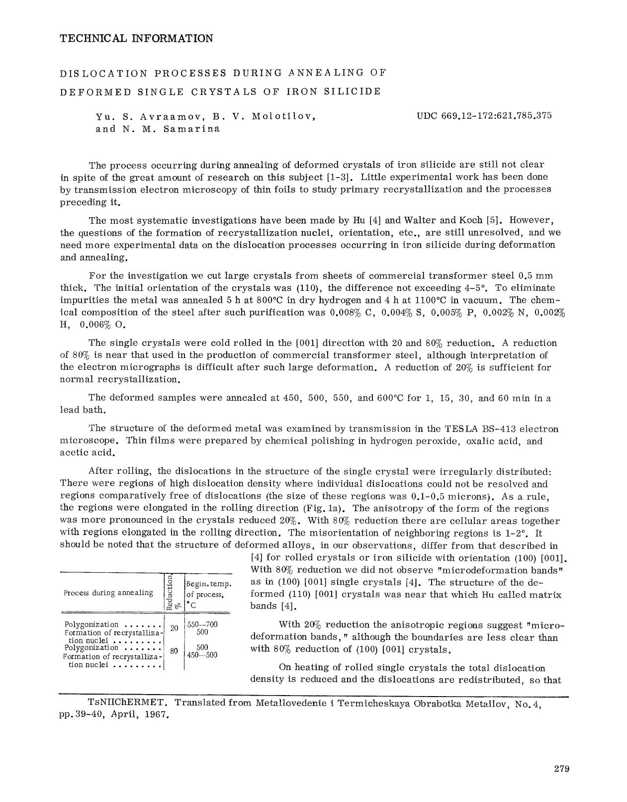 Dislocation processes during annealing of deformed single crystals of iron silicide by Unknown