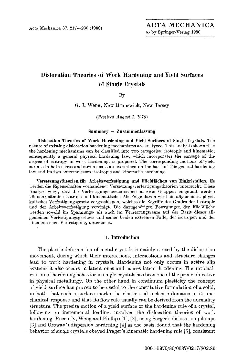 Dislocation theories of work hardening and yield surfaces of single crystals by Unknown