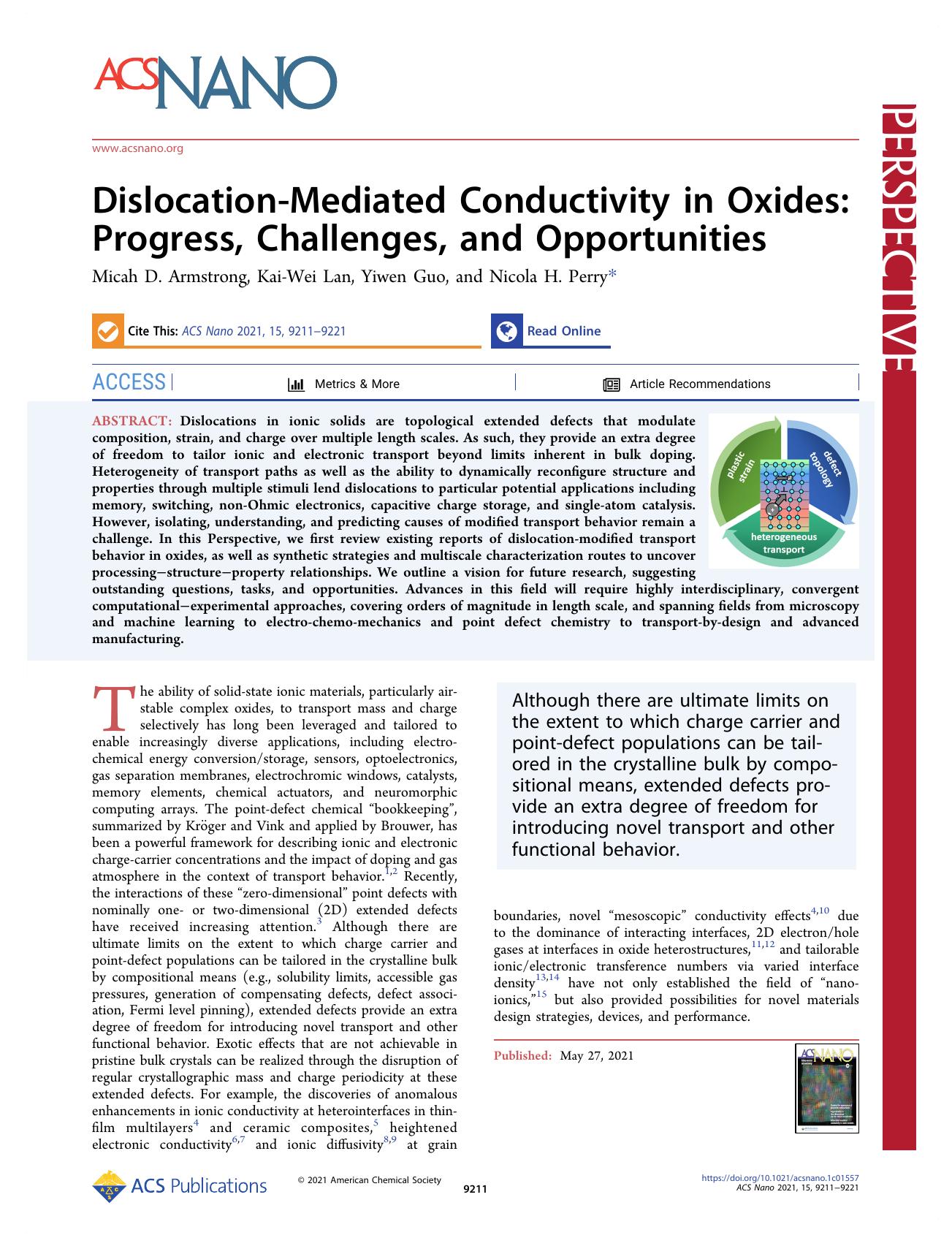 Dislocation-Mediated Conductivity in Oxides: Progress, Challenges, and Opportunities by Micah D. Armstrong Kai-Wei Lan Yiwen Guo and Nicola H. Perry
