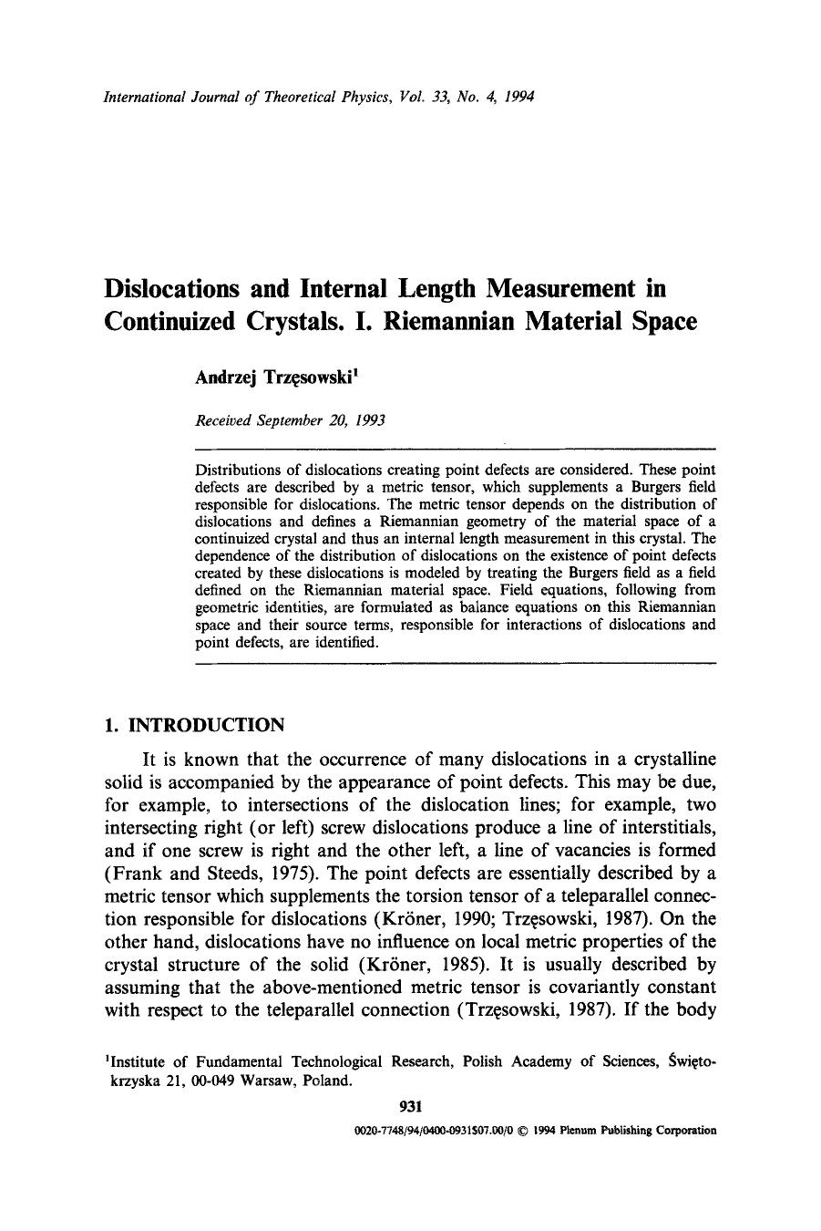 Dislocations and internal length measurement in continuized crystals. I. Riemannian material space by Unknown