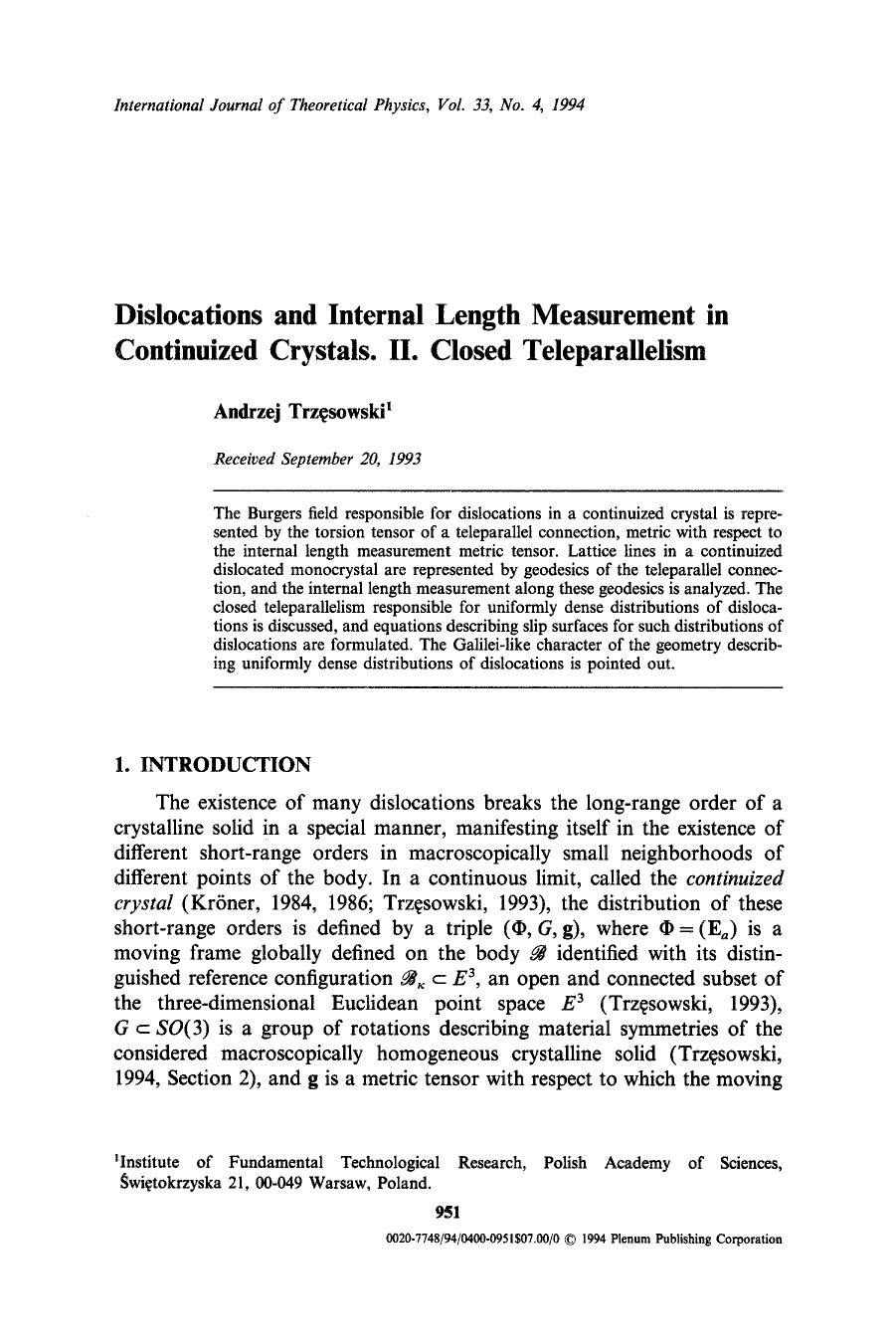 Dislocations and internal length measurement in continuized crystals. II. Closed teleparallelism by Unknown