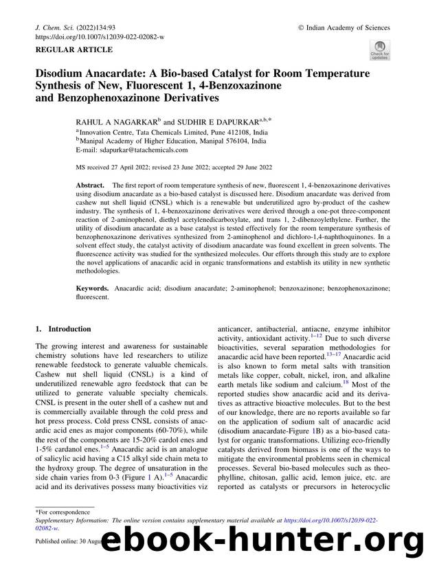 Disodium Anacardate: A Bio-based Catalyst for Room Temperature Synthesis of New, Fluorescent 1, 4-Benzoxazinone and Benzophenoxazinone Derivatives by Rahul A Nagarkar & Sudhir E Dapurkar
