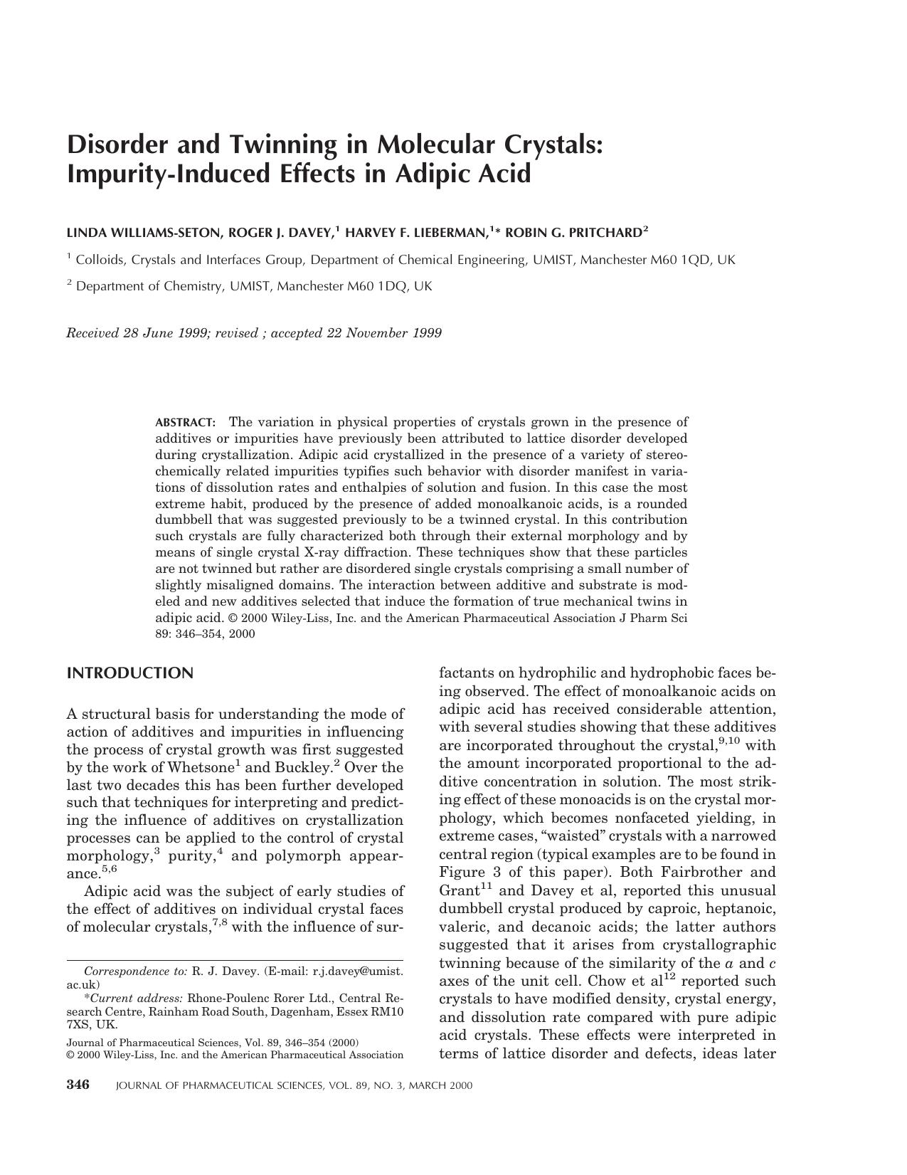 Disorder and twinning in molecular crystals: impurity-induced effects in adipic acid by Unknown