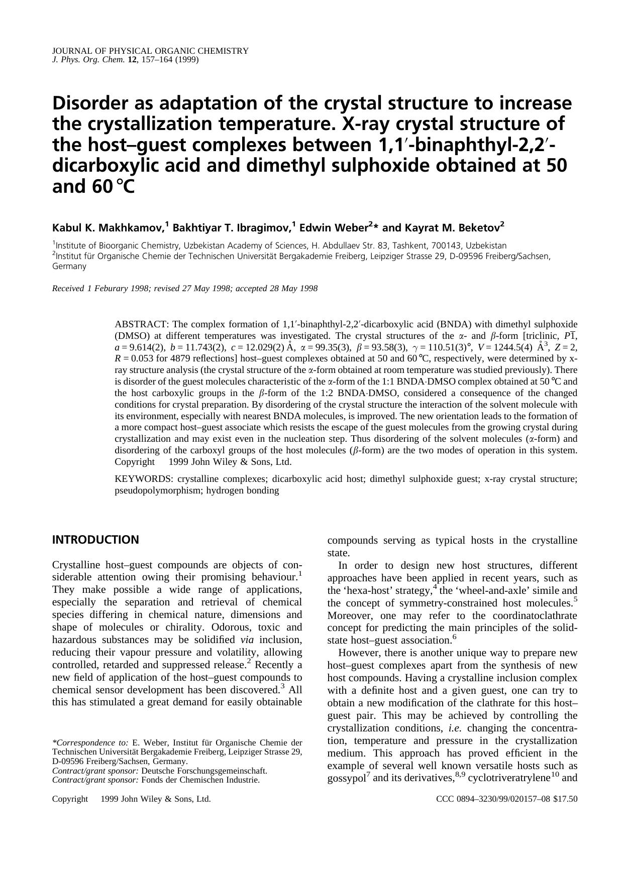 Disorder as adaptation of the crystal structure to increase the crystallization temperature. X-ray crystal structure of the host-guest complexes between 1,1[prime]-binaphthyl-2,2[p by Unknown