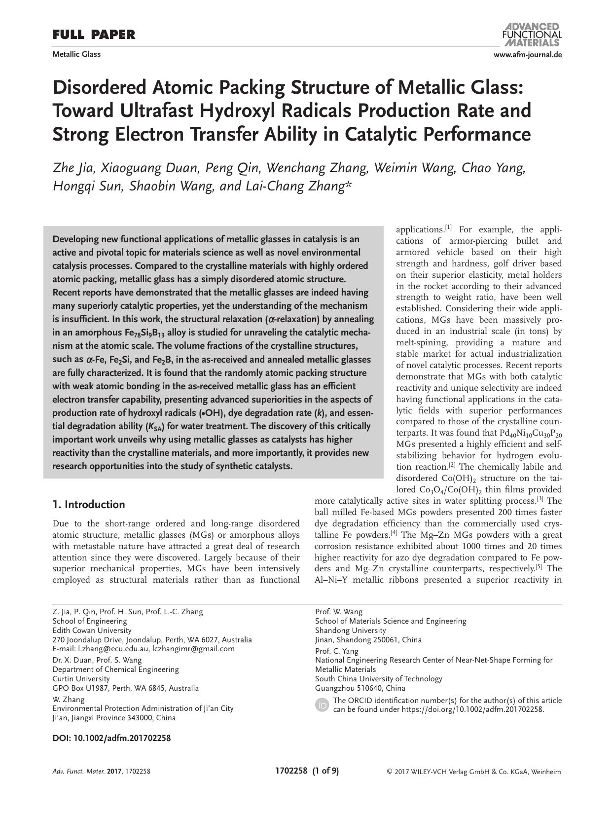 Disordered Atomic Packing Structure of Metallic Glass: Toward Ultrafast Hydroxyl Radicals Production Rate and Strong Electron Transfer Ability in Catalytic Performance by Unknown
