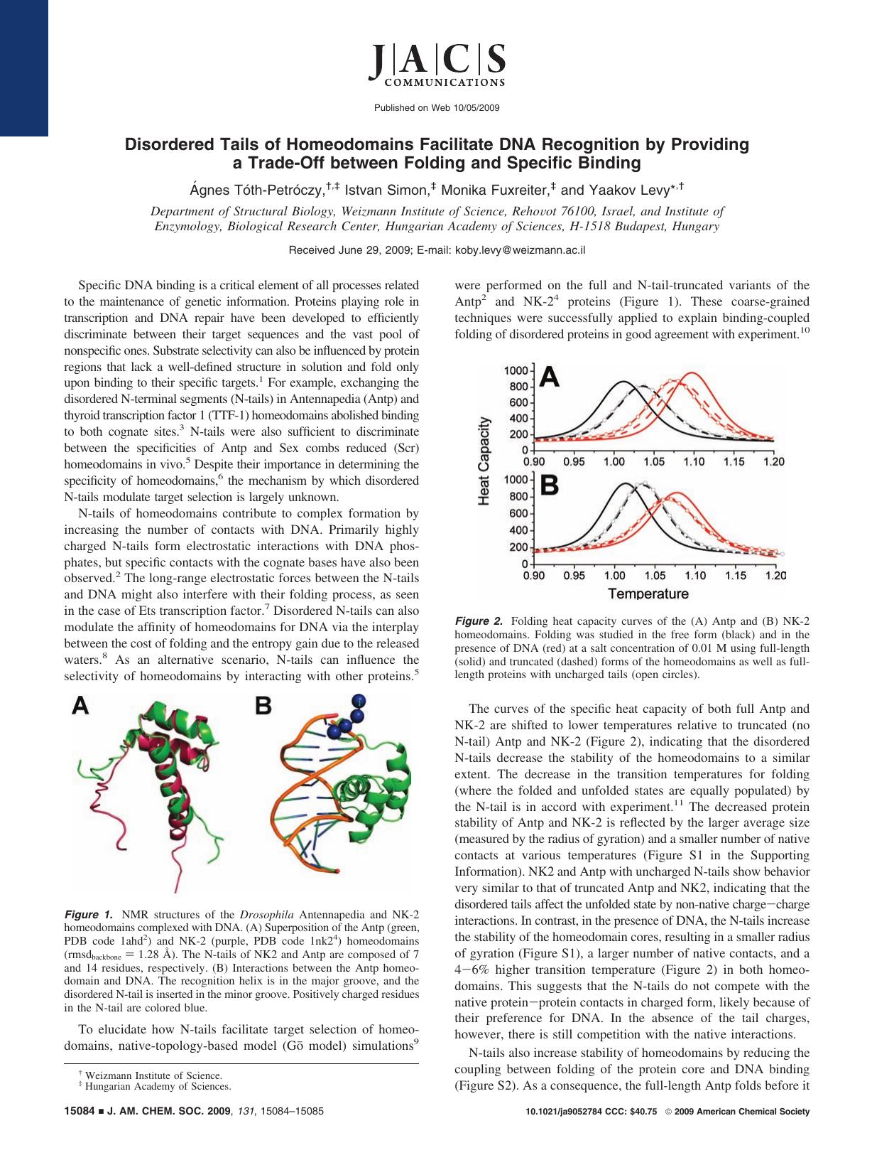 Disordered Tails of Homeodomains Facilitate DNA Recognition by Providing a Trade-Off between Folding and Specific Binding by unknow