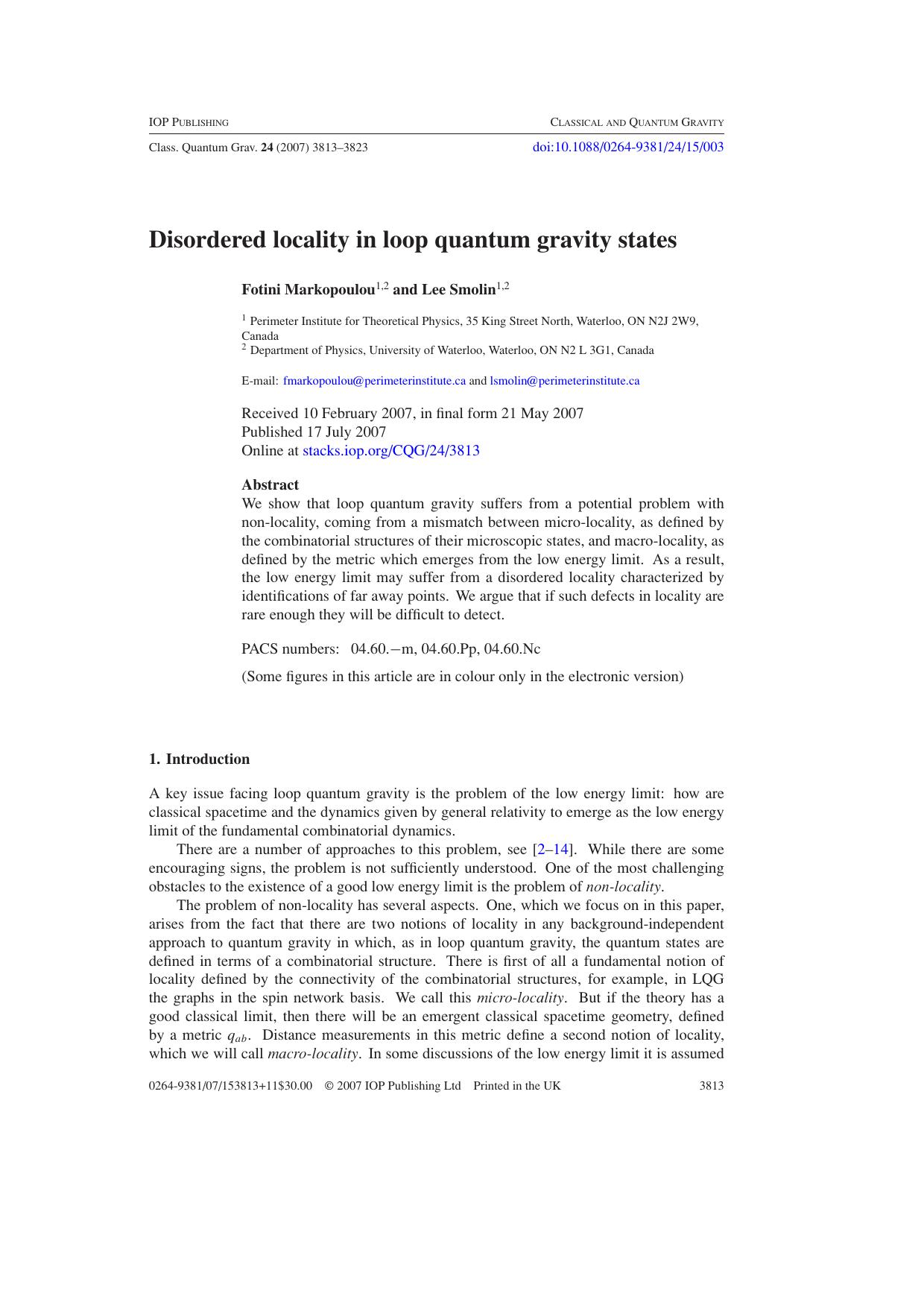 Disordered locality in loop quantum gravity states by F Markopoulou & L Smolin