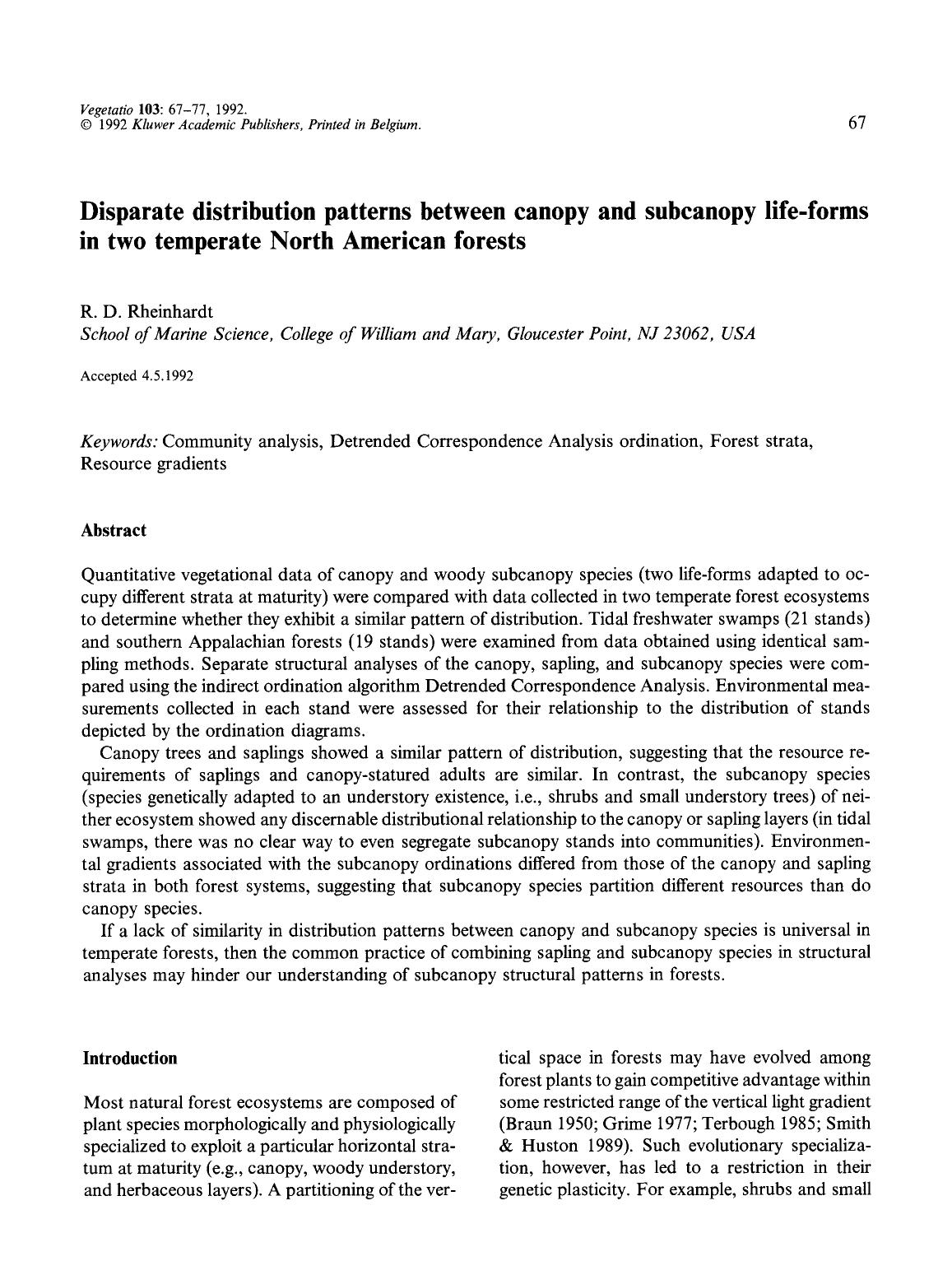 Disparate distribution patterns between canopy and subcanopy life-forms in two temperate North American forests by Unknown