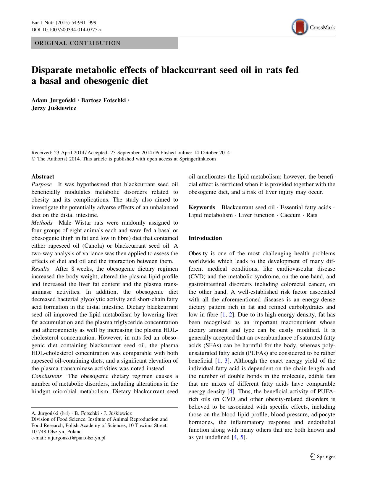 Disparate metabolic effects of blackcurrant seed oil in rats fed a basal and obesogenic diet by Adam Jurgoński & Bartosz Fotschki & Jerzy Juśkiewicz