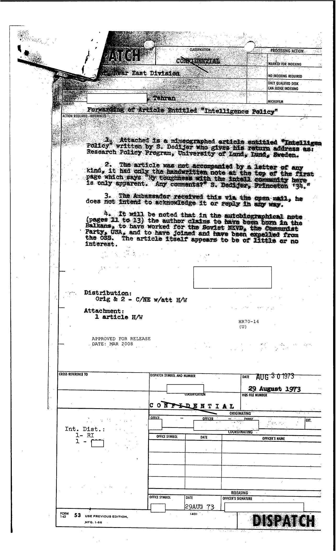 Dispatch w attached mimeographed article by S. Dedijer entitle... by Unknown