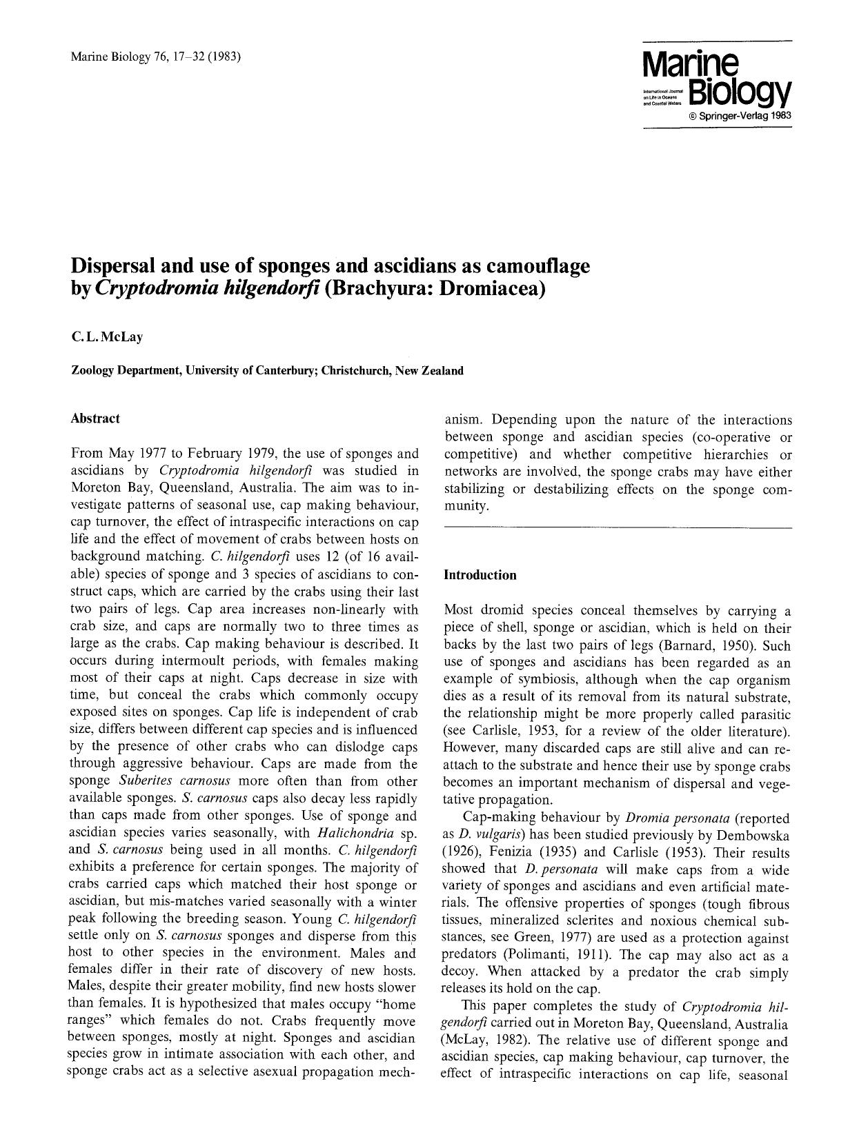 Dispersal and use of sponges and ascidians as camouflage by <Emphasis Type="Italic">Cryptodromia hilgendorfi<Emphasis> (Brachyura: Dromiacea) by Unknown