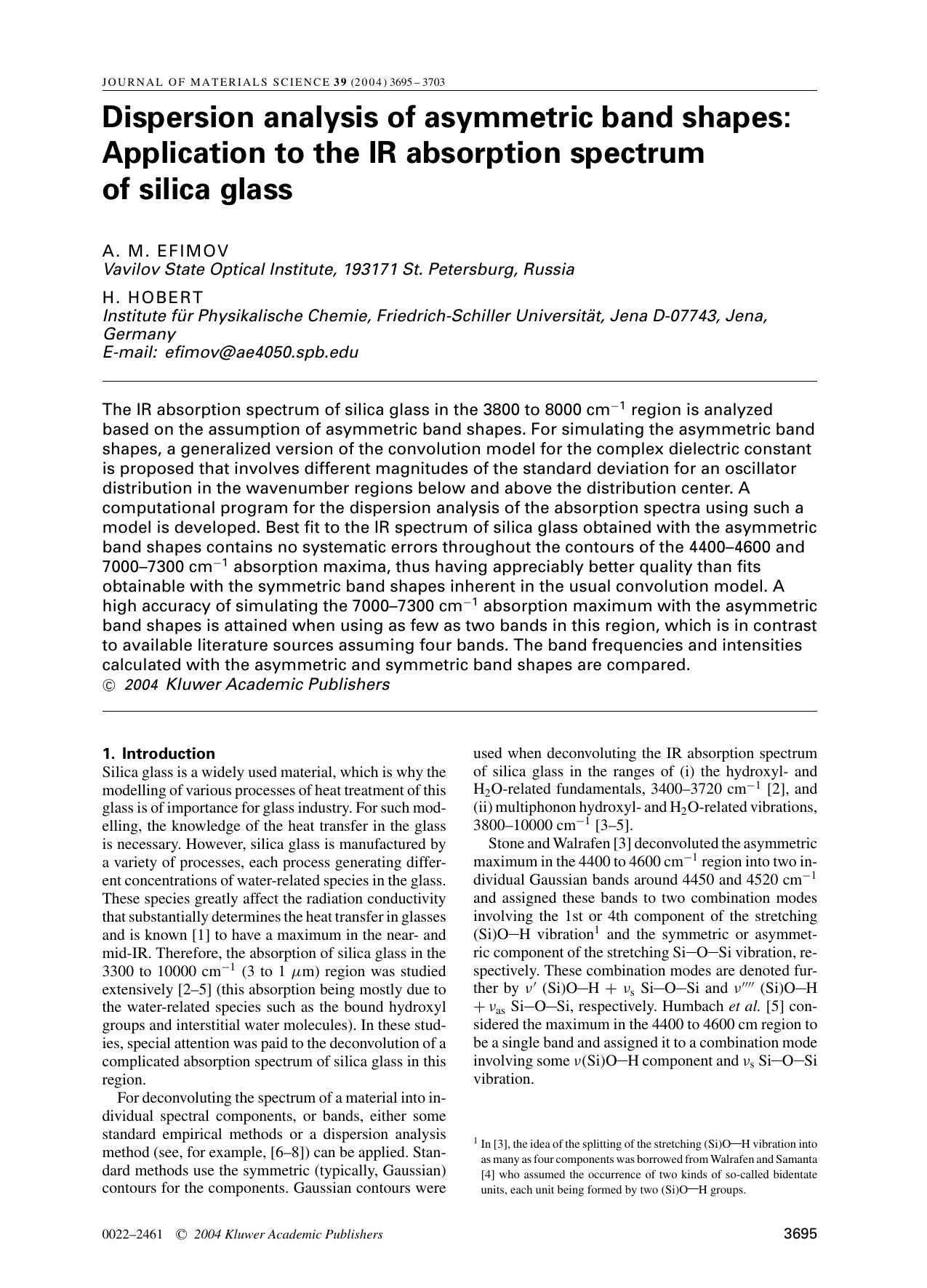 Dispersion analysis of asymmetric band shapes: Application to the IR absorption spectrum of silica glass by Unknown