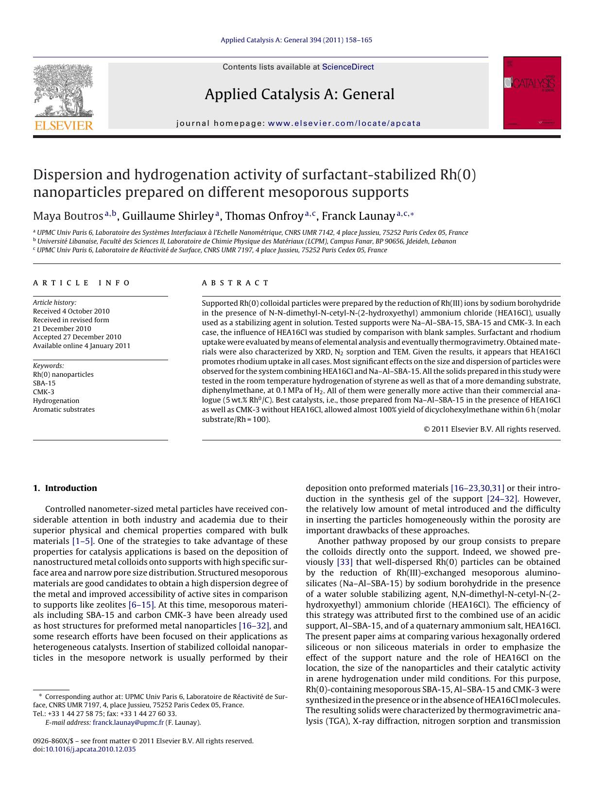 Dispersion and hydrogenation activity of surfactant-stabilized Rh(0) nanoparticles prepared on different mesoporous supports by Maya Boutros