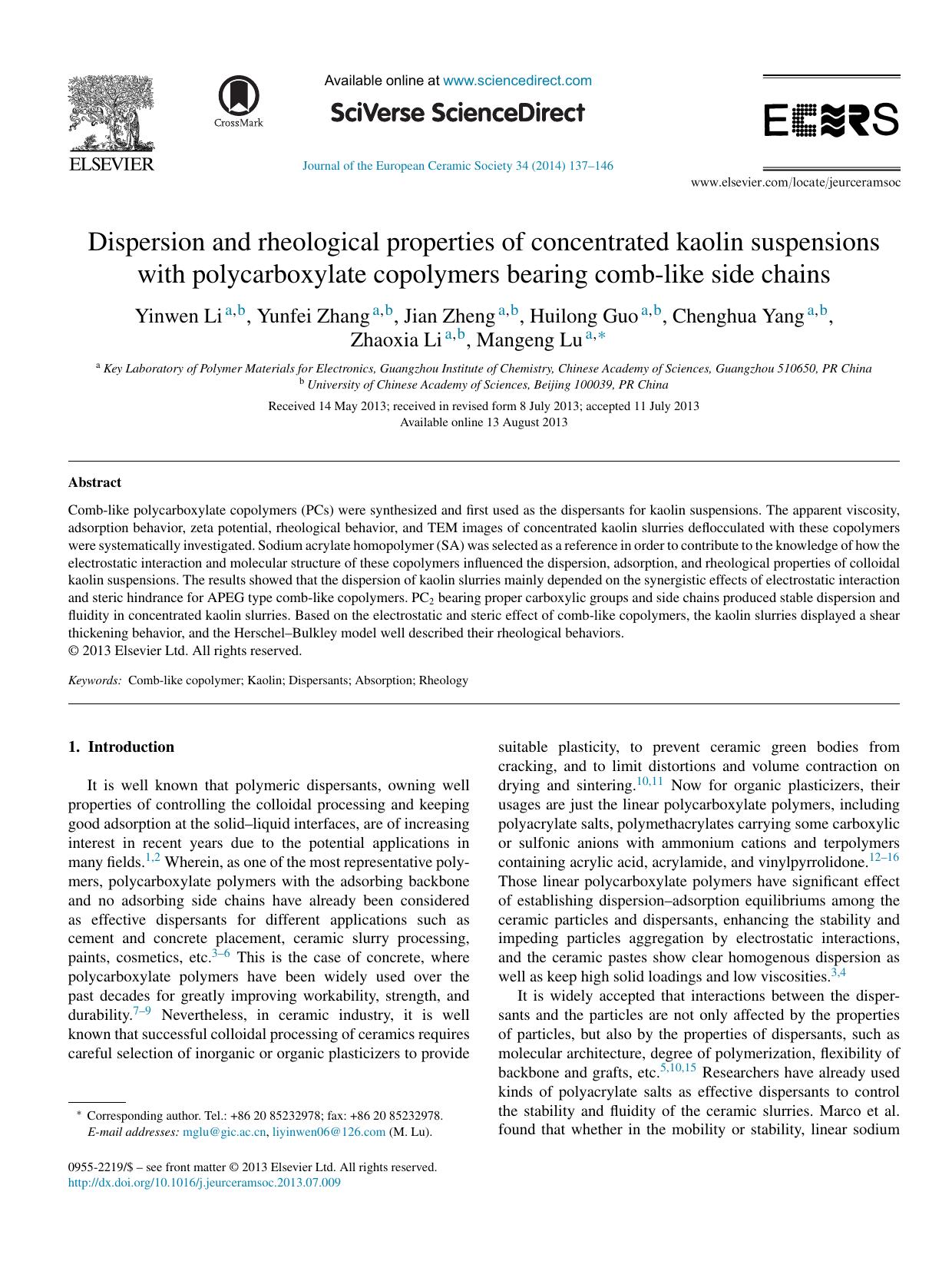 Dispersion and rheological properties of concentrated kaolin suspensions with polycarboxylate copolymers bearing comb-like side chains by Yinwen Li