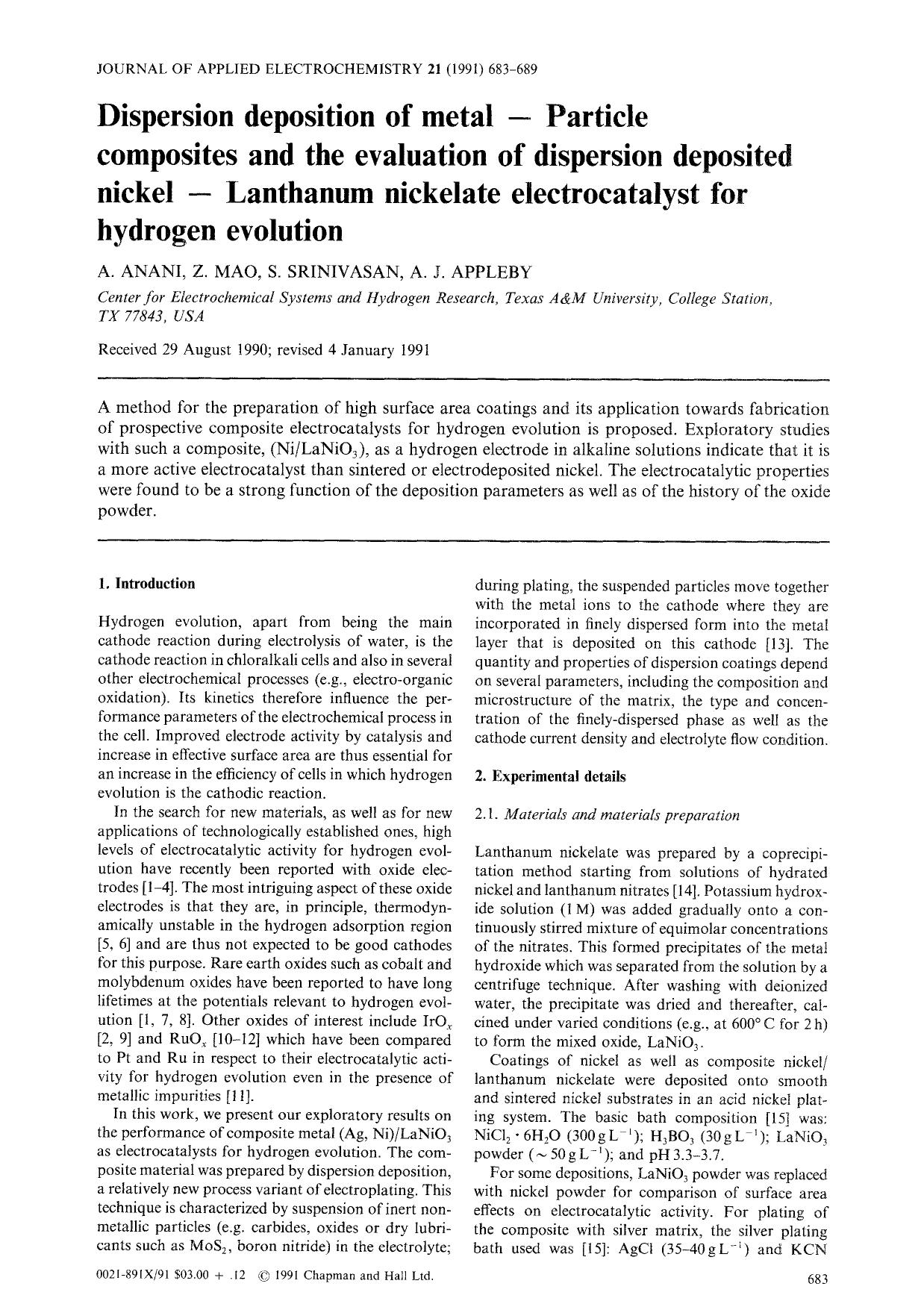 Dispersion deposition of metal — Particle composites and the evaluation of dispersion deposited nickel — Lanthanum nickelate electrocatalyst for hydrogen evolution by Unknown