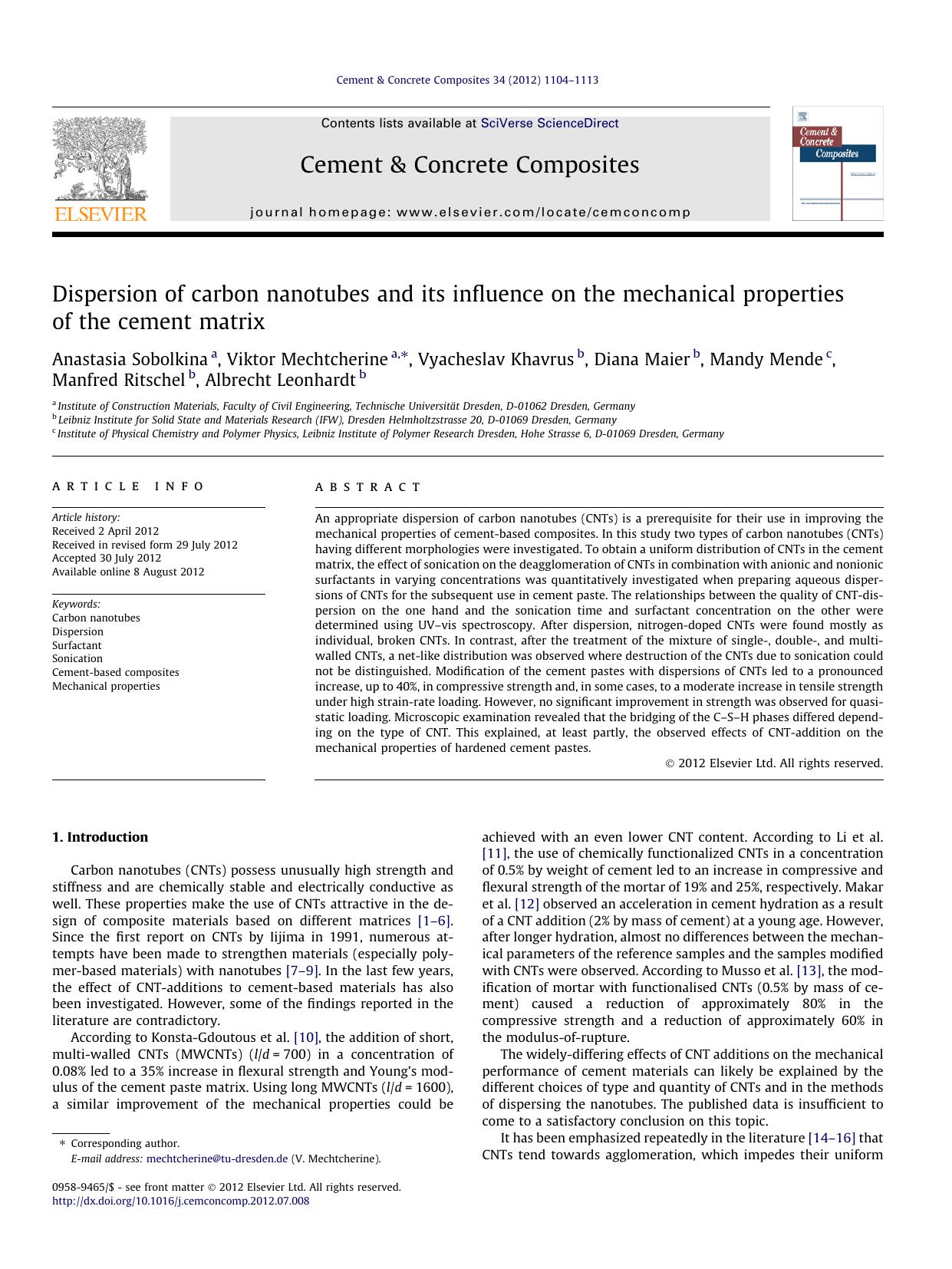 Dispersion of carbon nanotubes and its influence on the mechanical properties of the cement matrix by unknow