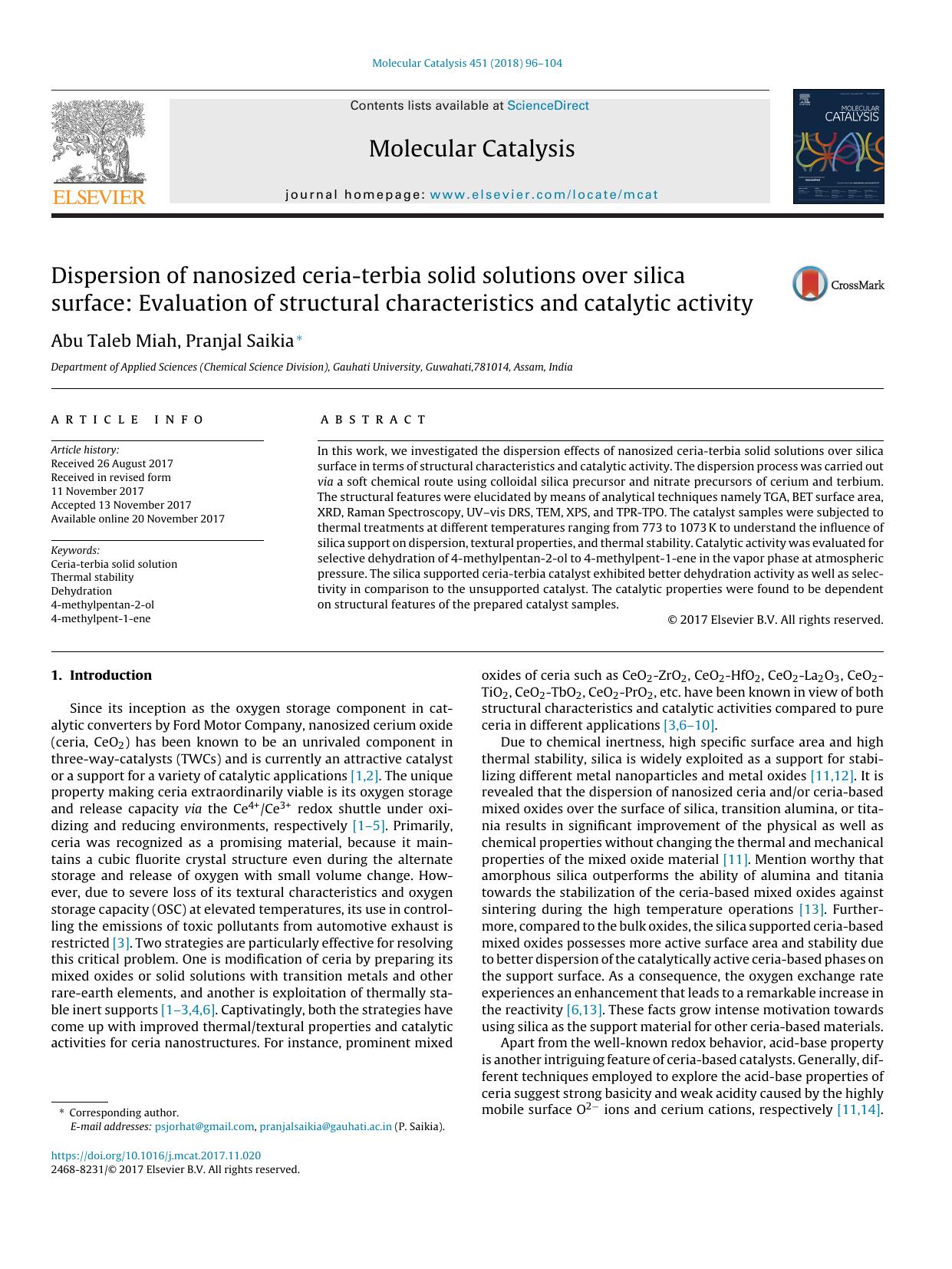 Dispersion of nanosized ceria-terbia solid solutions over silica surface: Evaluation of structural characteristics and catalytic activity by Abu Taleb Miah & Pranjal Saikia