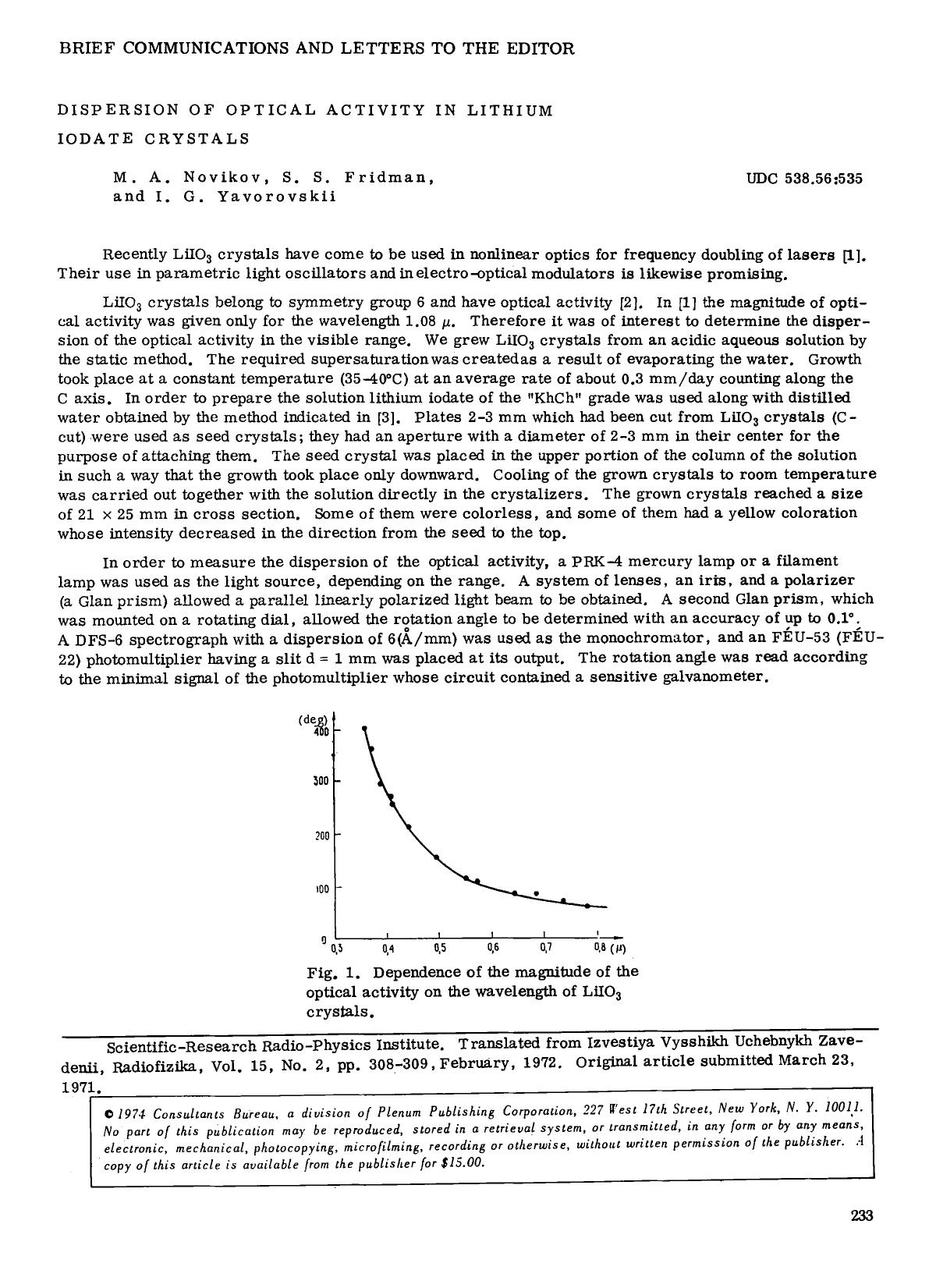 Dispersion of optical activity in lithium iodate crystals by Unknown