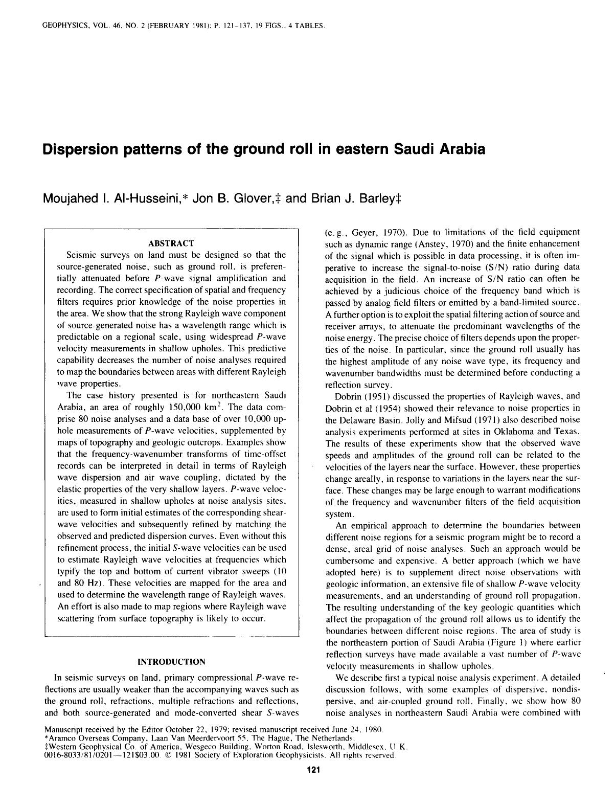 Dispersion patterns of the ground roll in eastern Saudi Arabia by Al-Husseini M. I.; Glover J. B.; Barley B. J