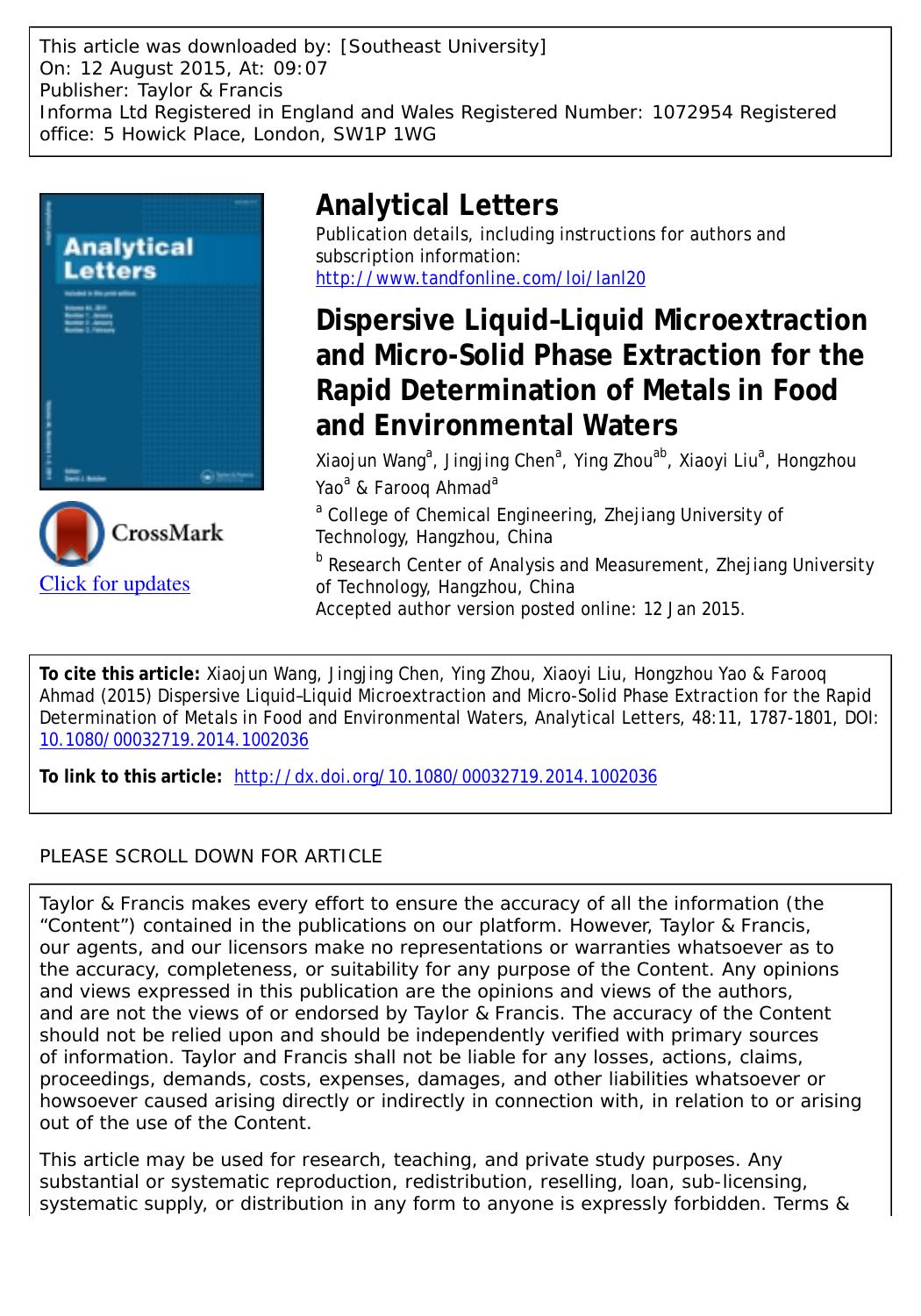 Dispersive Liquid[?] liquid Microextraction and Micro-Solid Phase Extraction for the Rapid Determination of Metals in Food and Environmental Waters by Xiaojun Wang