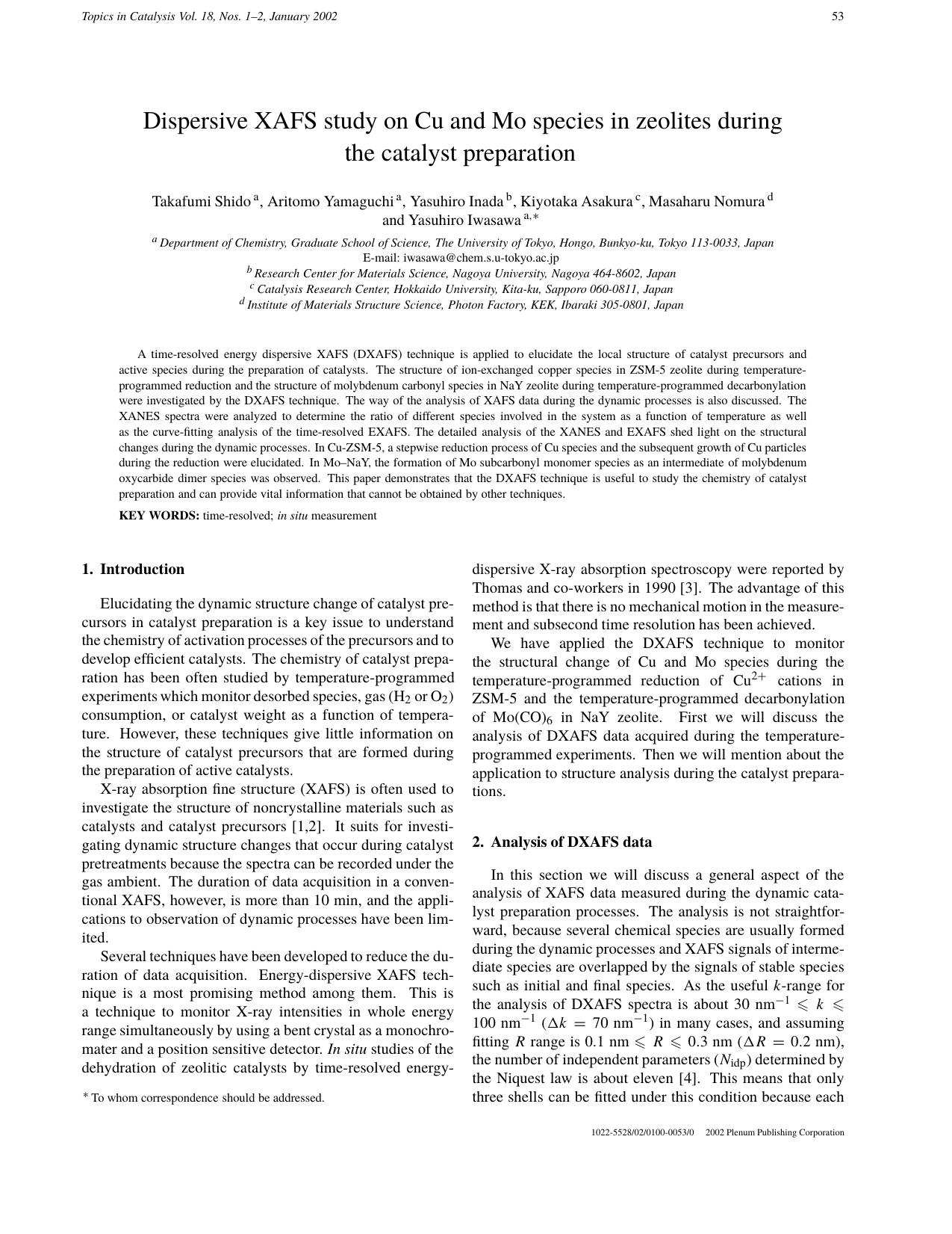 Dispersive XAFS Study on Cu and Mo Species in Zeolites During the Catalyst Preparation by Unknown