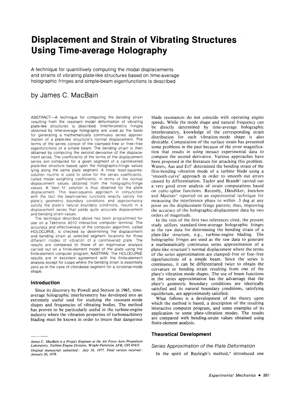 Displacement and strain of vibrating structures using time-average holography by Unknown
