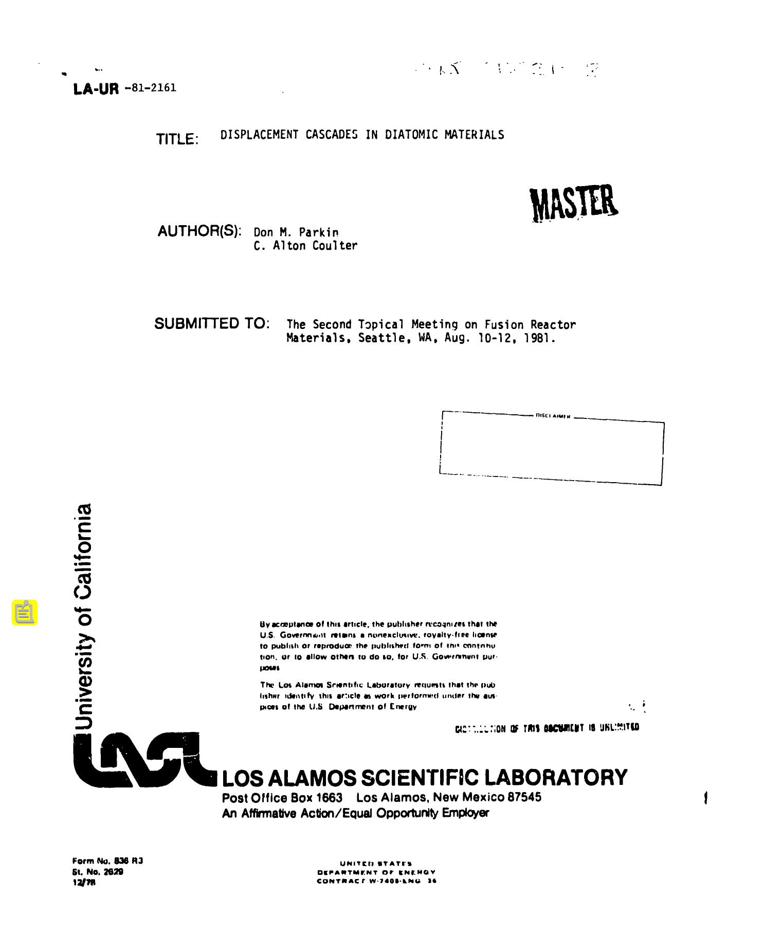 Displacement cascades in diatomic materials None by LANL Research Library LWW Project