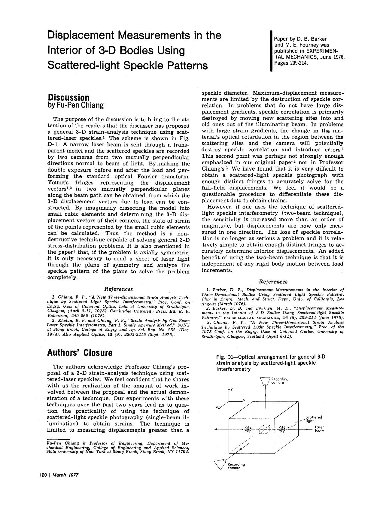 Displacement measurements in the interior of 3-D bodies using scattered-light speckle patterns by Unknown