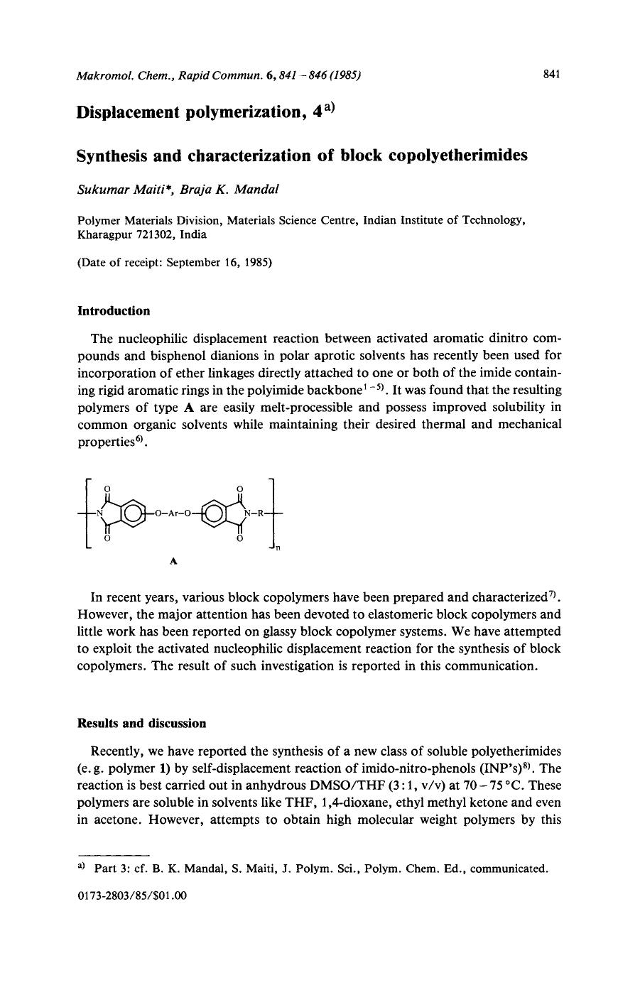 Displacement polymerization, 4. Synthesis and characterization of block copolyetherimides by Unknown