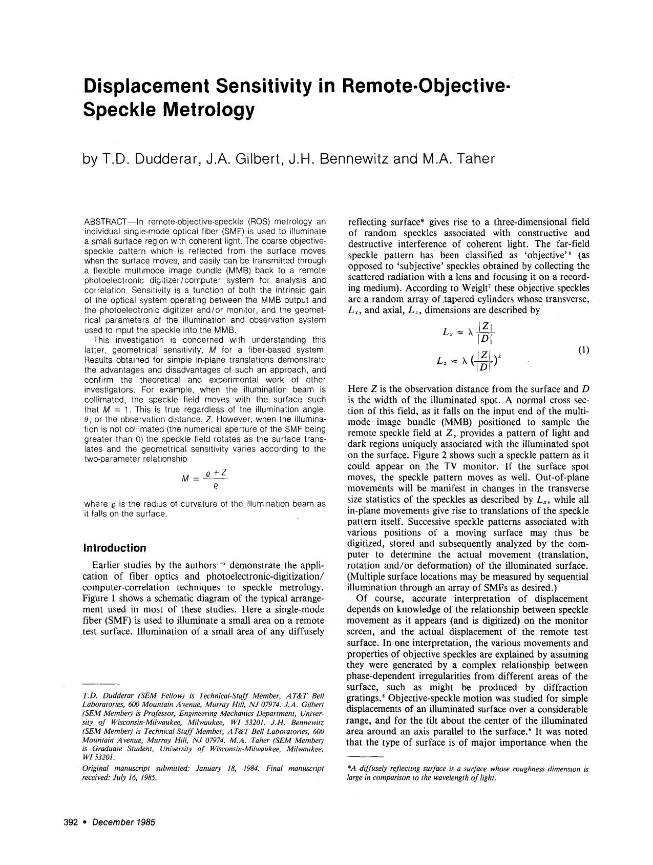 Displacement sensitivity in remote-objective-speckle metrology by Unknown