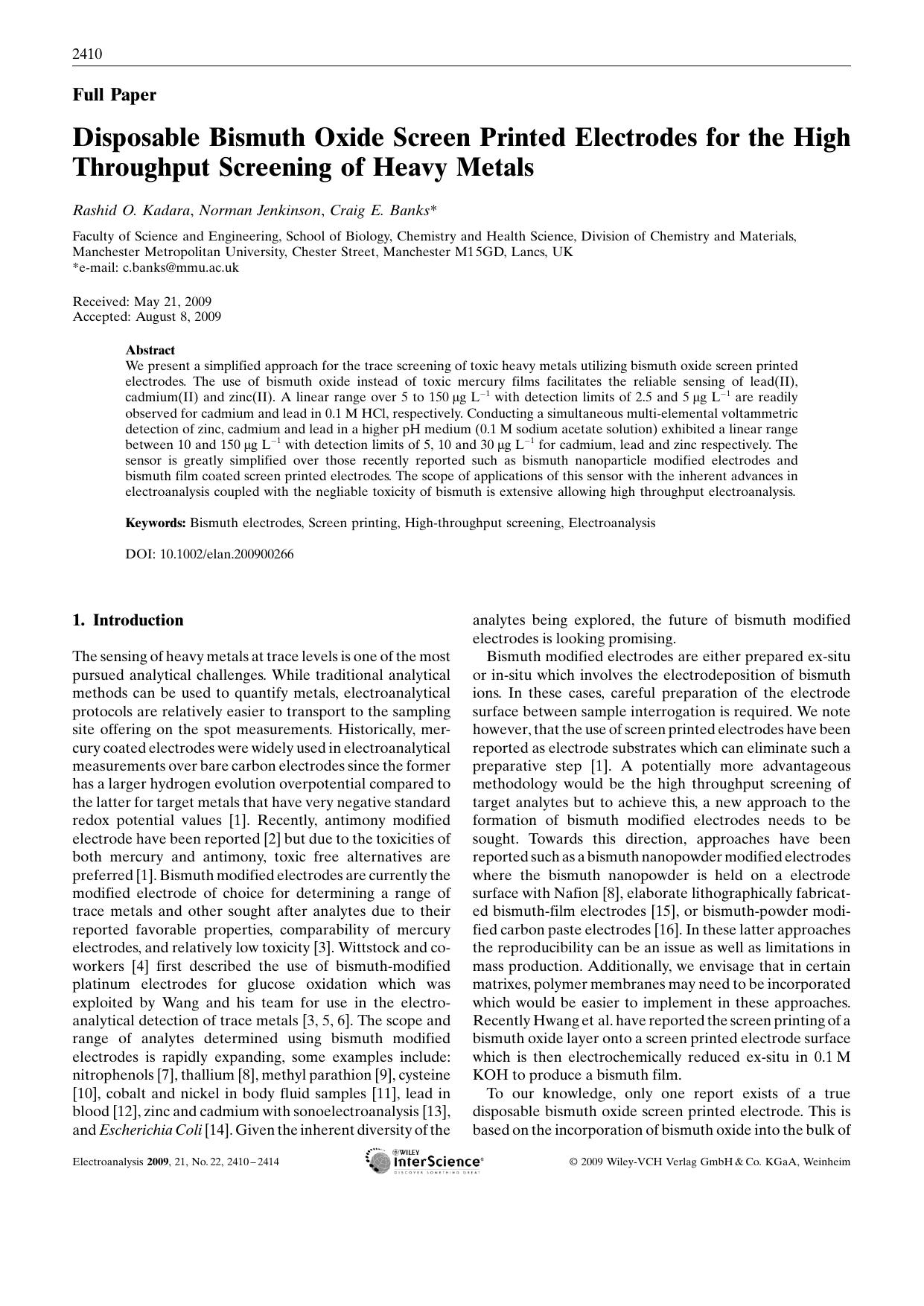 Disposable Bismuth Oxide Screen Printed Electrodes for the High Throughput Screening of Heavy Metals by Unknown